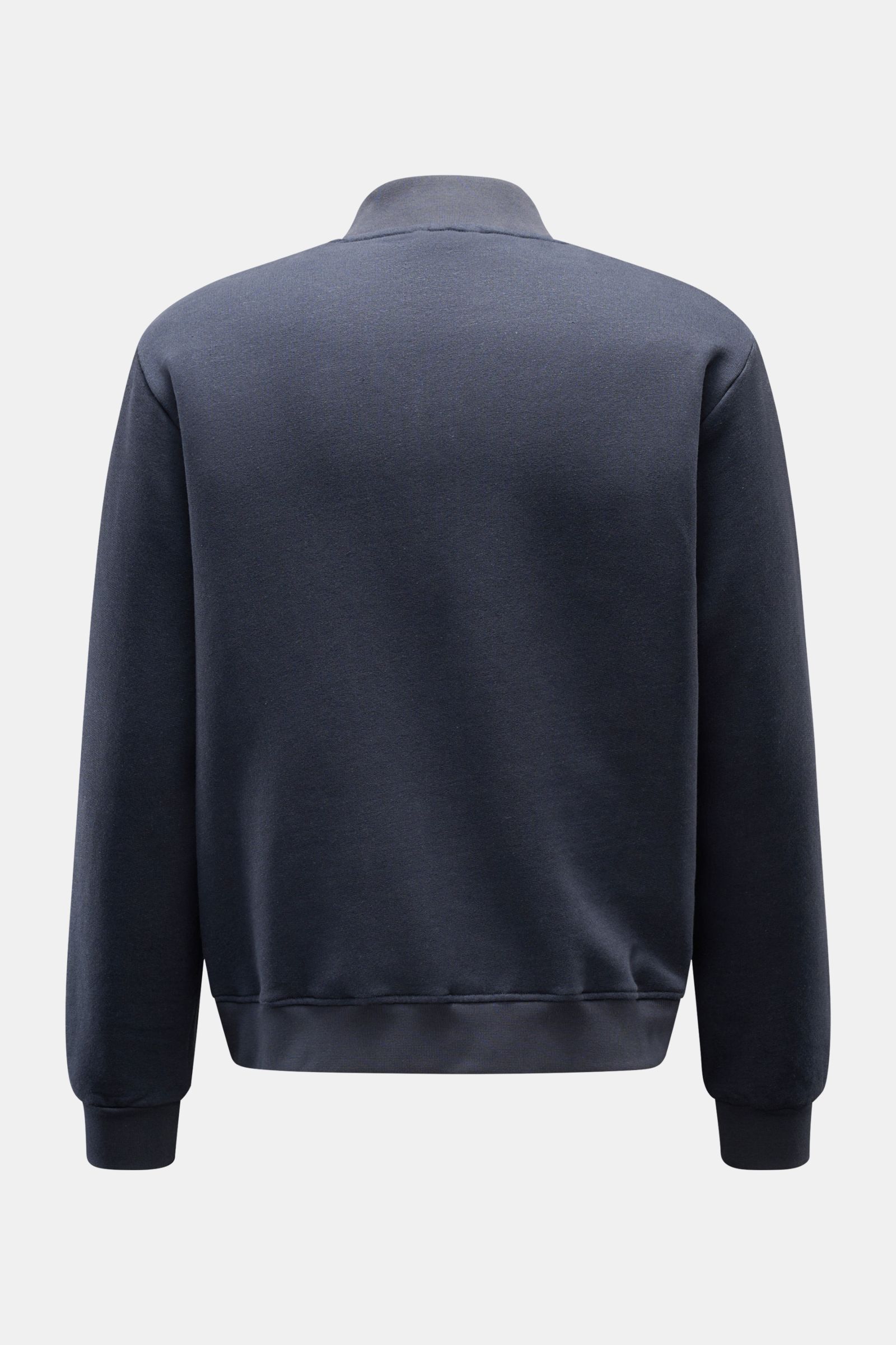 Rückansicht der navy 04651/ A trip in a bag Sweatjacke 'CL Bomber' aus Bio-Baumwolle und Leinen mit garment-dyed Finish, Oversized Fit, Blousonkragen, Rippbündchen.