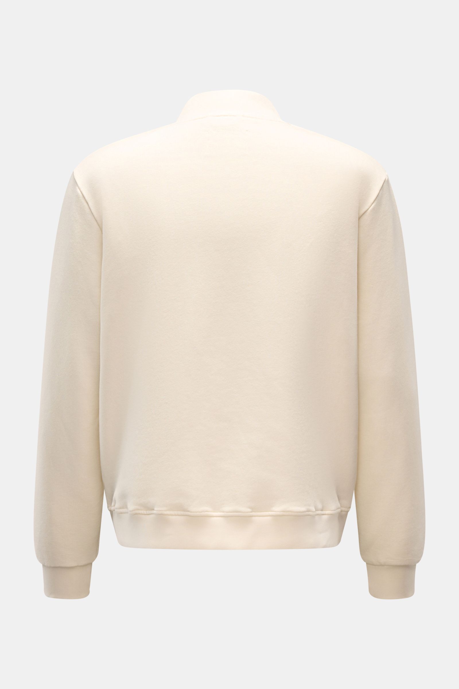 Rückansicht der 04651/ A trip in a bag Sweatjacke 'CL Bomber' creme aus Bio-Baumwolle und Leinen mit oversized Fit und Rippbündchen.