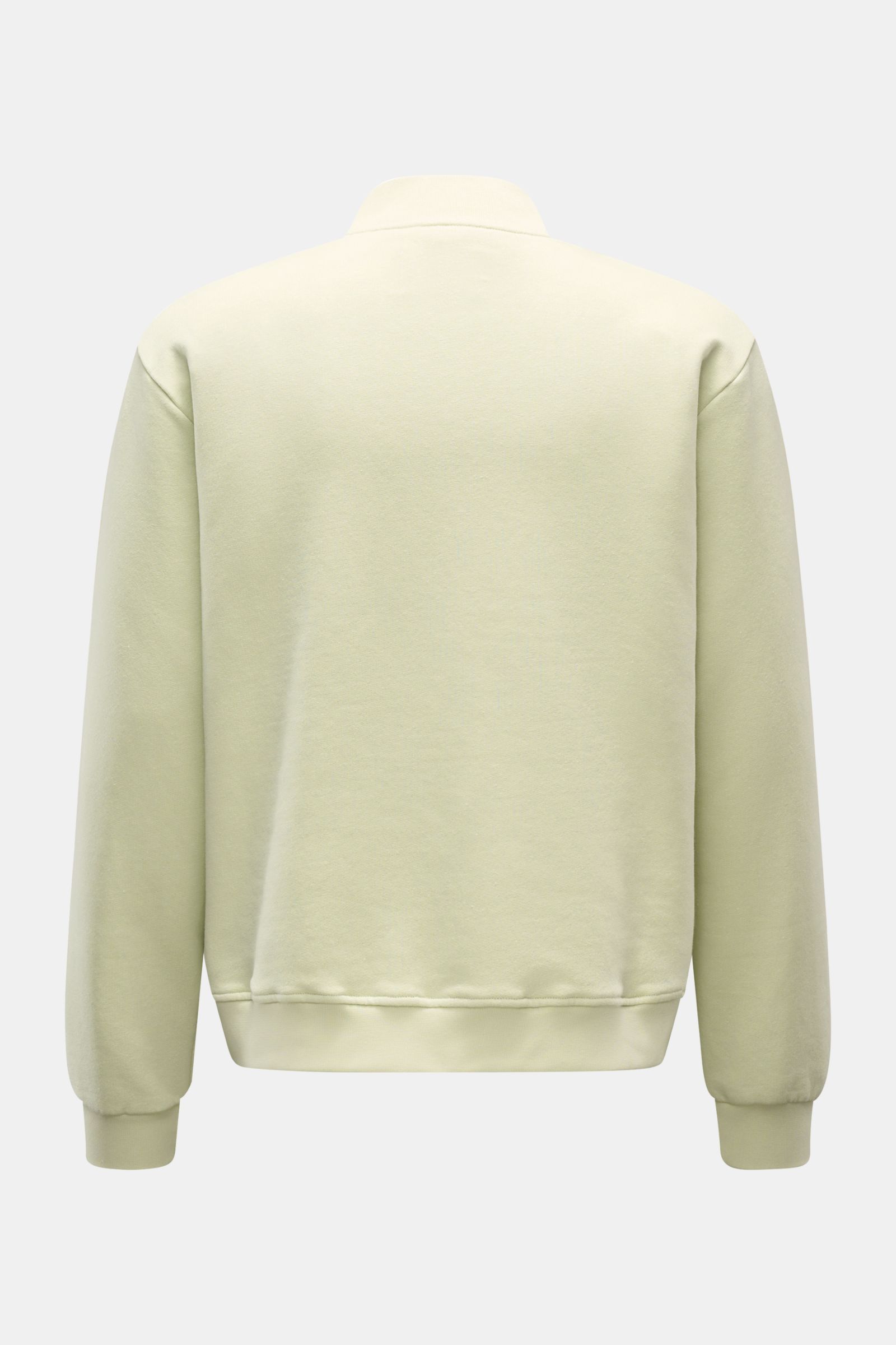 Rückansicht der pastellgrünen 04651/ A trip in a bag Sweatjacke 'CL Bomber' aus Bio-Baumwolle und Leinen mit weichem Griff, oversized Fit und Rippbündchen.