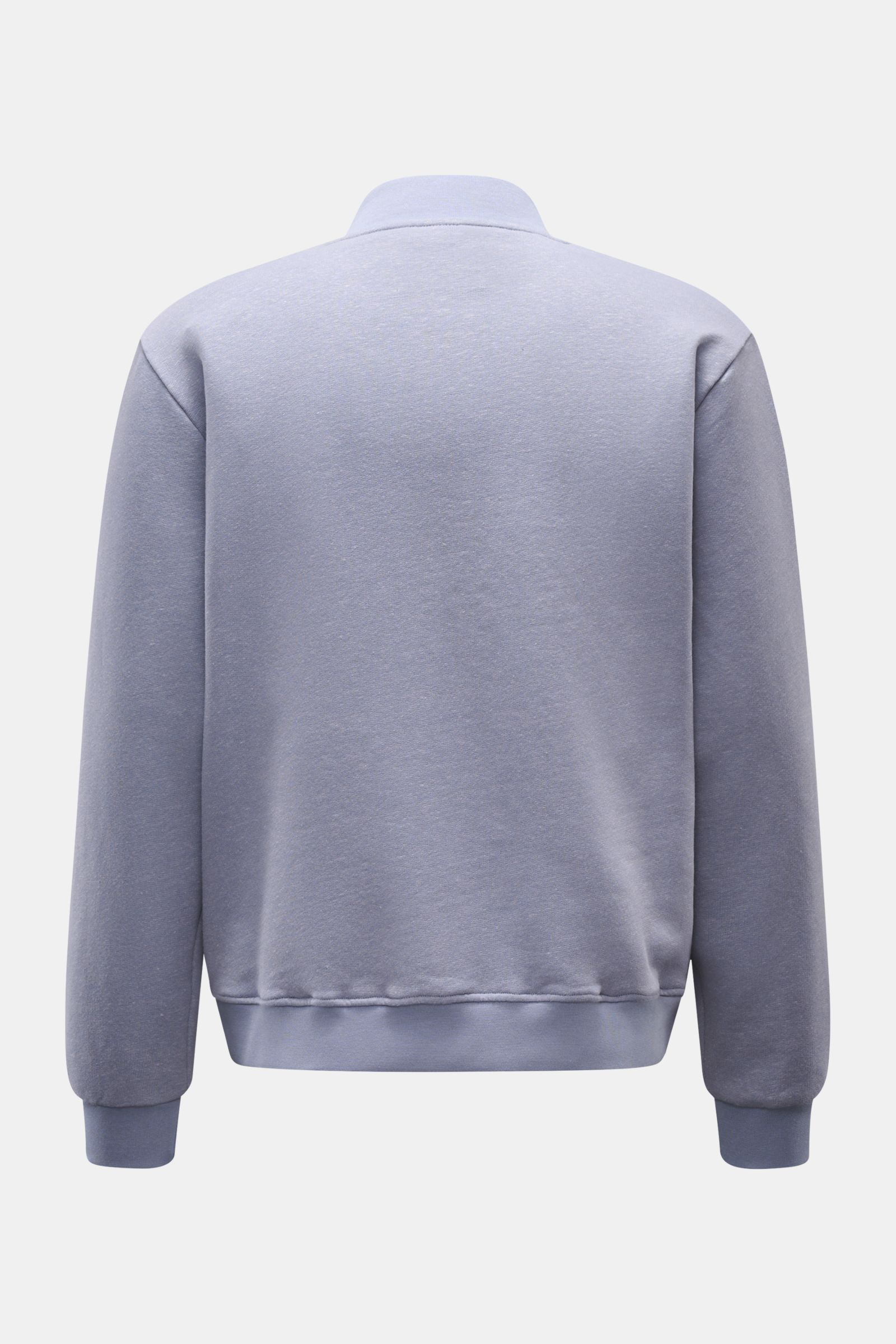 Rückansicht der lavenderfarbenen 04651/ A trip in a bag Sweatjacke 'CL Bomber' aus Bio-Baumwolle und Leinen im oversized Fit.