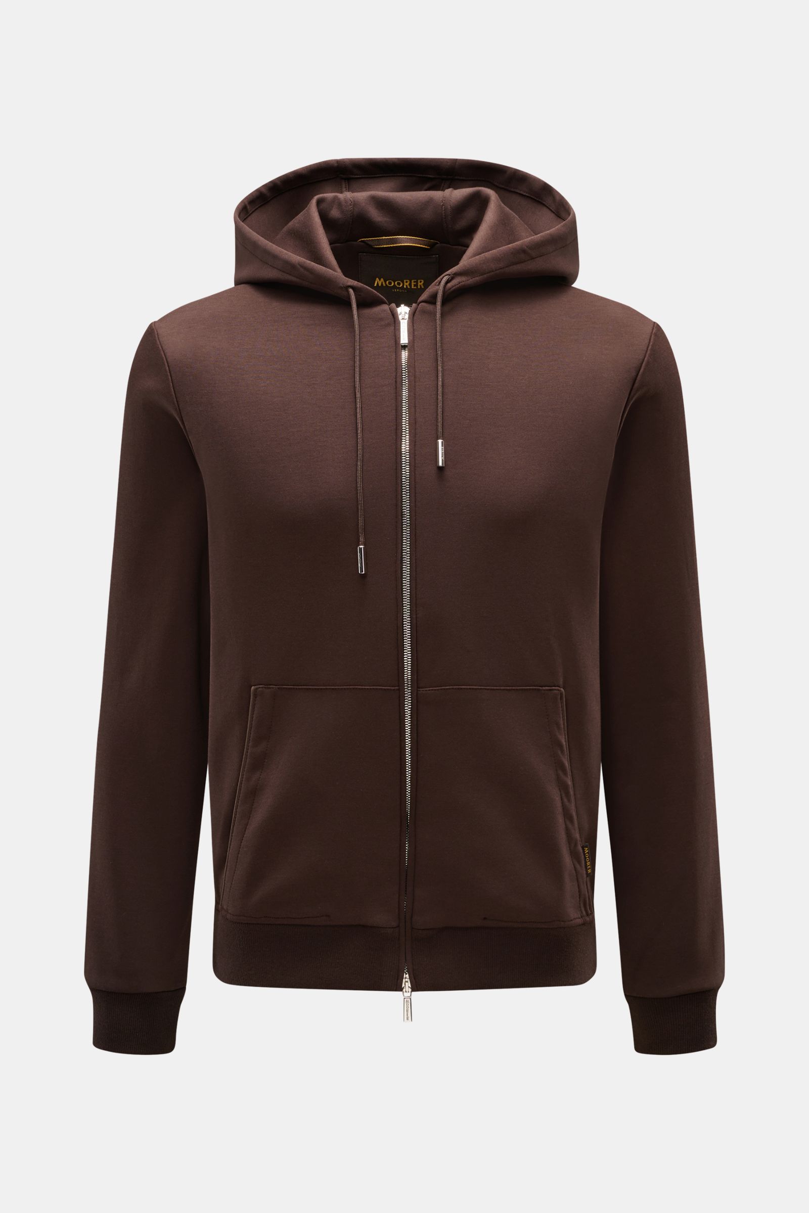Front view of Moorer Sweat jacket 'Matthew Felpa' dark brown, sporty luxury double-sided knit with two-way zip, drawstring hood, split kangaroo pocket with leather jetted, and ribbed bands, made of viscose and microfibre blend, slim fit, soft feel, and ve