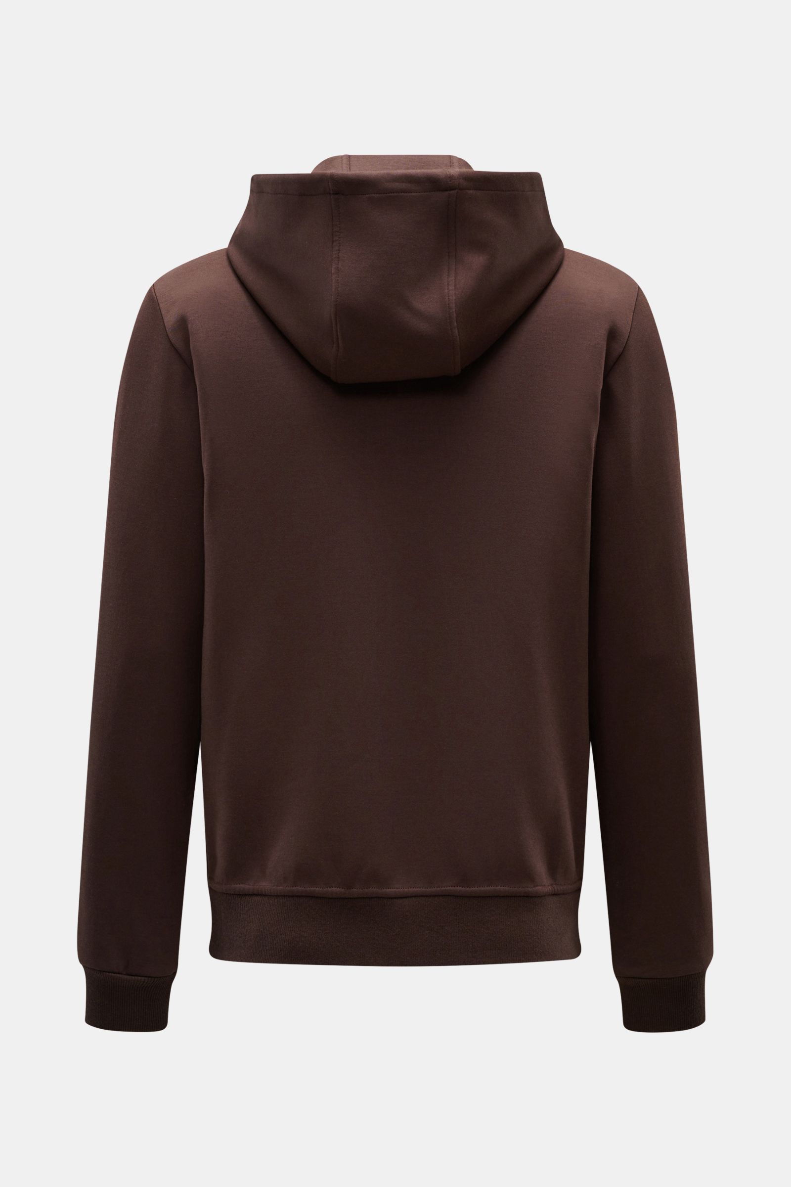 Rear view of the Moorer Sweat jacket 'Matthew Felpa' dark brown, showcasing sporty luxury in a soft, slim-fit double-sided knit with a drawstring hood and ribbed bands. Blend of viscose and microfibre, very fine knit, two-way zip, and split kangaroo pocke