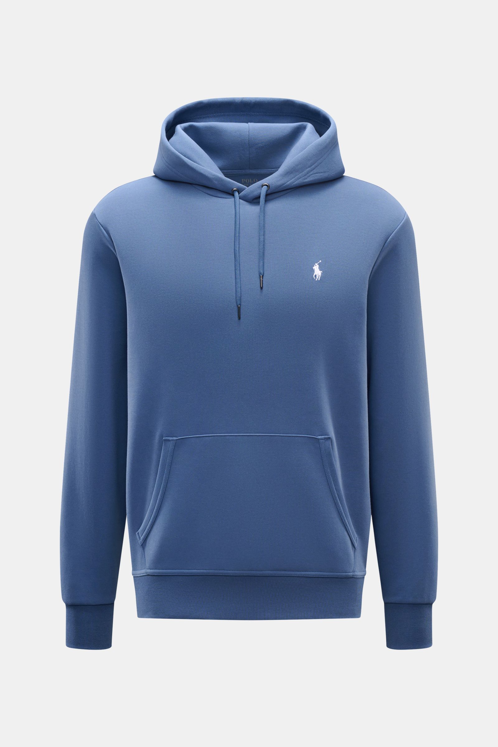 Polo Ralph Lauren Kapuzenpullover graublau, frontale Ansicht, Jersey aus Baumwolle und Microfaser, weicher Griff, Regular Fit, Kapuze mit Tunnelzug, Kängurutasche, typisches Logo-Stitching, breite Bündchen.