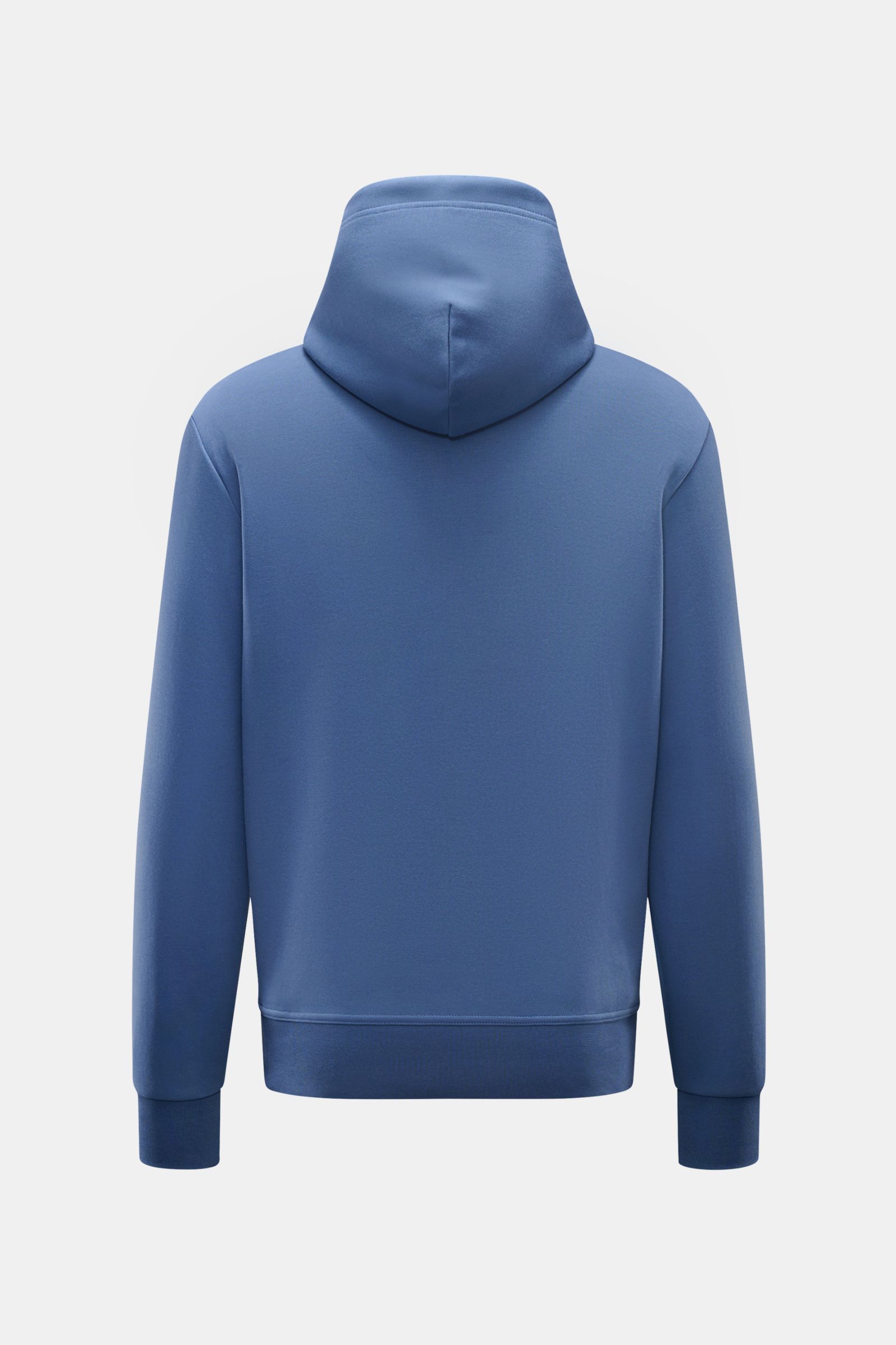 Rückansicht des Polo Ralph Lauren Kapuzenpullover graublau mit Jersey aus Baumwolle und Microfaser, weichem Griff, Regular Fit, Kapuze mit Tunnelzug, Kängurutasche, typischem Logo-Stitching und breiten Bündchen.