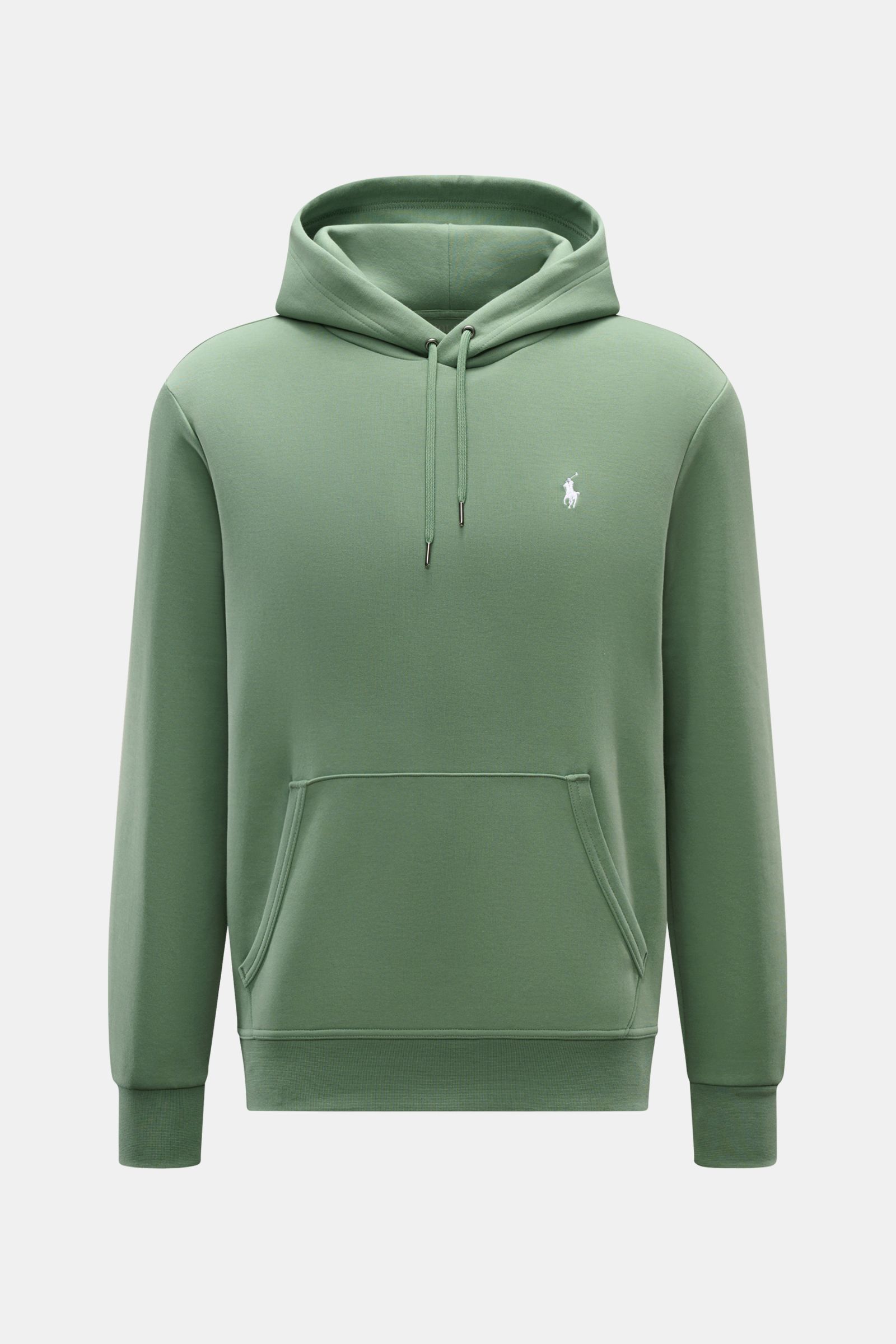 Front view of a Polo Ralph Lauren Hooded jumper green, jersey made of cotton and microfibre with a soft feel, regular fit, drawstring hood, kangaroo pocket, signature logo stitching, and wide bands.