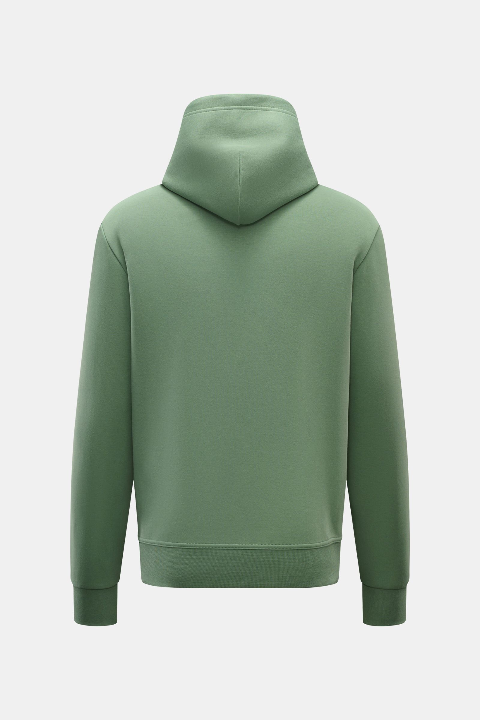 Back view of Polo Ralph Lauren Hooded jumper green, jersey made of cotton and microfibre, soft feel, regular fit, drawstring hood, kangaroo pocket, signature logo stitching, wide bands.
