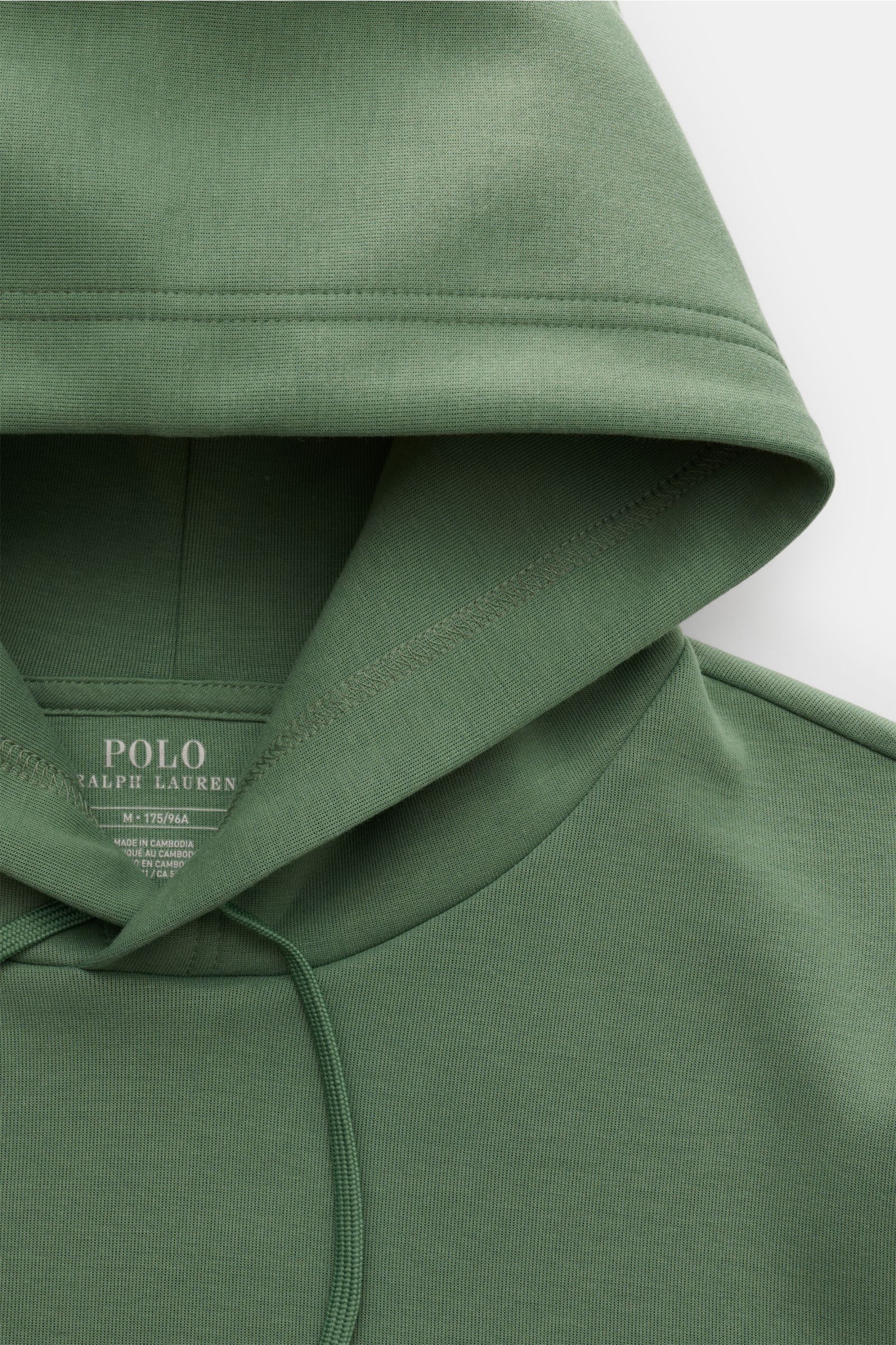 Close-up front view of Polo Ralph Lauren Hooded jumper green, showing jersey made of cotton and microfibre, soft feel, regular fit, drawstring hood, kangaroo pocket, signature logo stitching, and wide bands.