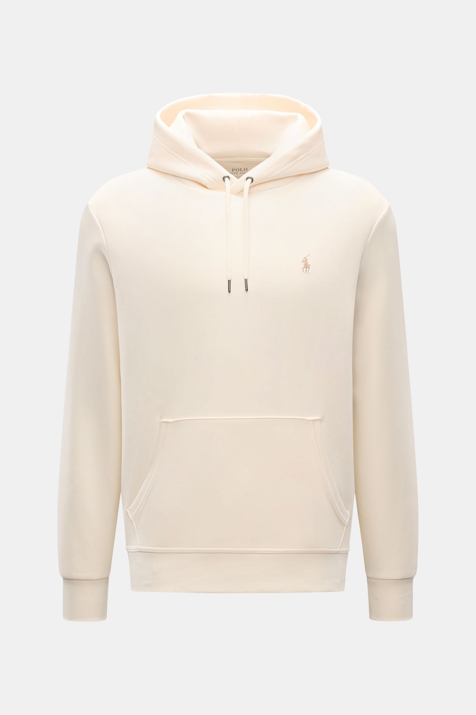 Polo Ralph Lauren Kapuzenpullover creme, frontal fotografiert, Jersey aus Baumwolle und Microfaser, weicher Griff, Regular Fit, Kapuze mit Tunnelzug, Kängurutasche, typisches Logo-Stitching, breite Bündchen.