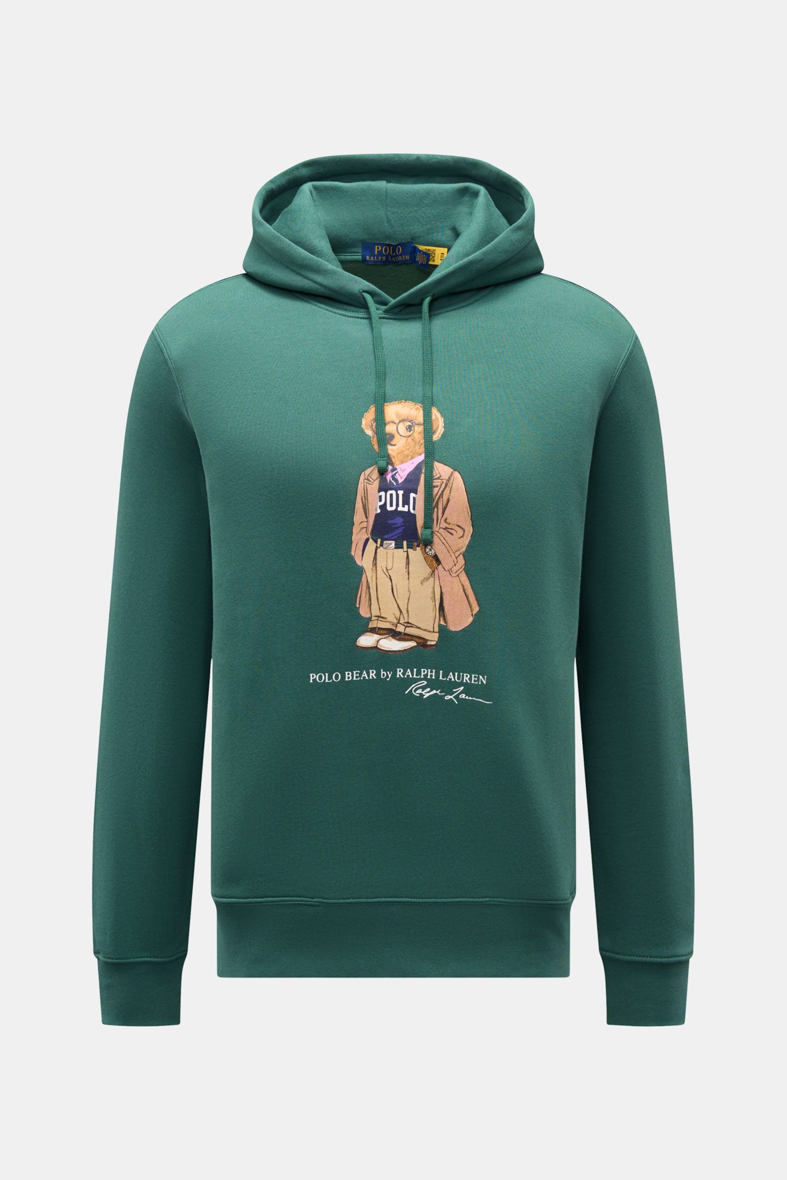 Polo Ralph Lauren Kapuzenpullover grün, frontal fotografiert, mit Bären-Print, Kapuze mit Tunnelzug, Kängurutasche, weichem Jersey, Regular Fit, breiten Bündchen.