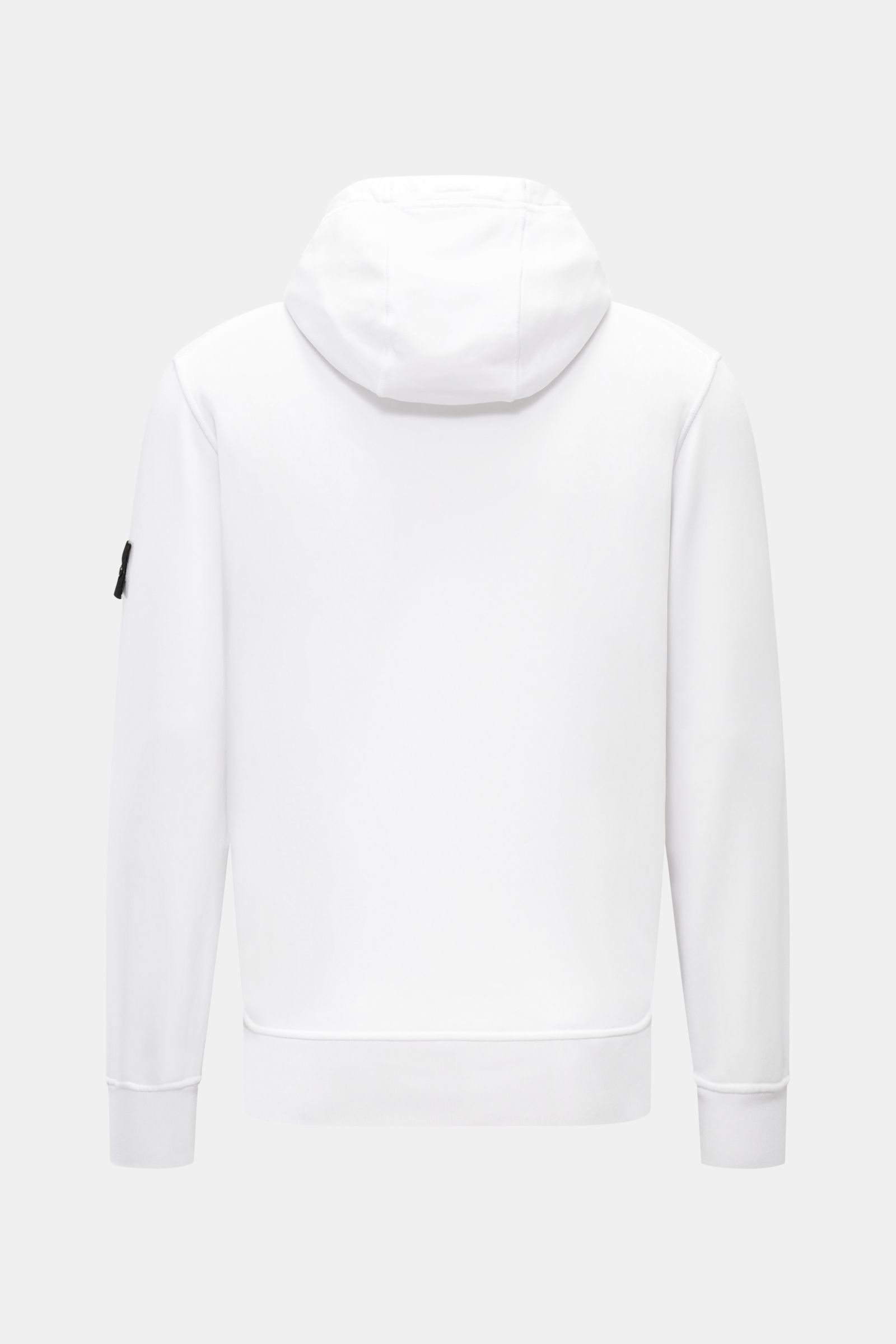 Stone Island Kapuzenpullover weiß, Rückansicht, Sweat aus reiner Baumwolle, weicher Griff, garment dyed, Regular Fit, Overlock-Nähte, Kapuze mit Tunnelzug, Kompass-Badge am Ärmel, Kängurutasche, Rippbündchen.