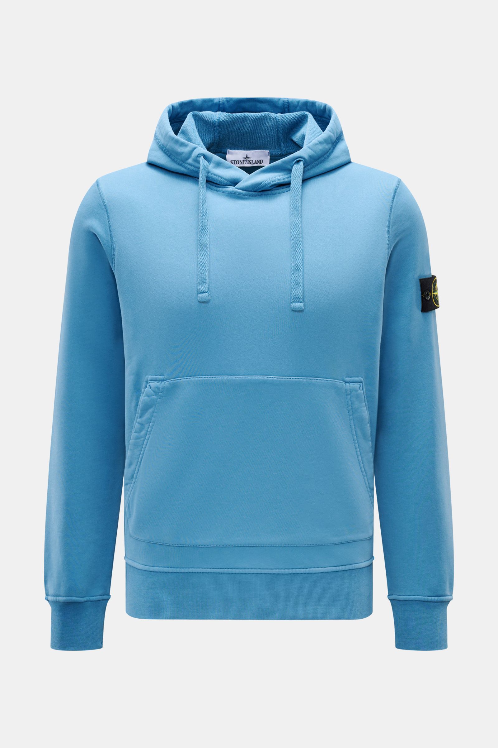 Stone Island Kapuzenpullover blau, frontal, Sweat aus reiner Baumwolle, weicher Griff, garment dyed, Regular Fit, Overlock-Nähte, Kapuze mit Tunnelzug, Kompass-Badge, Kängurutasche, Rippbündchen.
