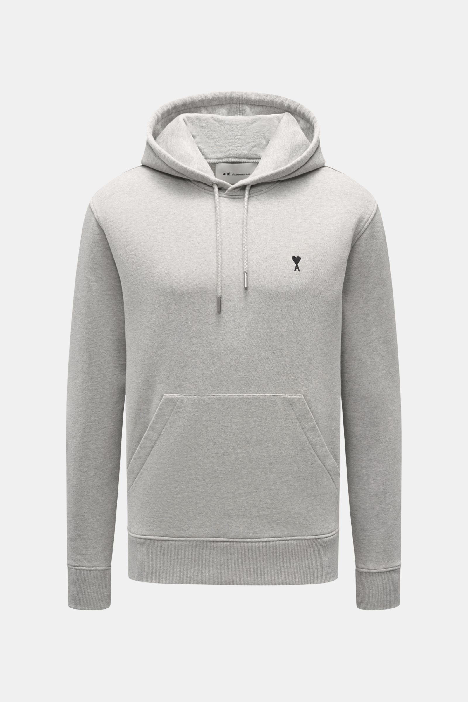 Ami Paris Kapuzenpullover grau meliert, frontal fotografiert, Regular Fit, elastische Baumwolle, Kapuze mit Tunnelzug, Herz-Stitching, Kängurutasche, Rippbündchen.