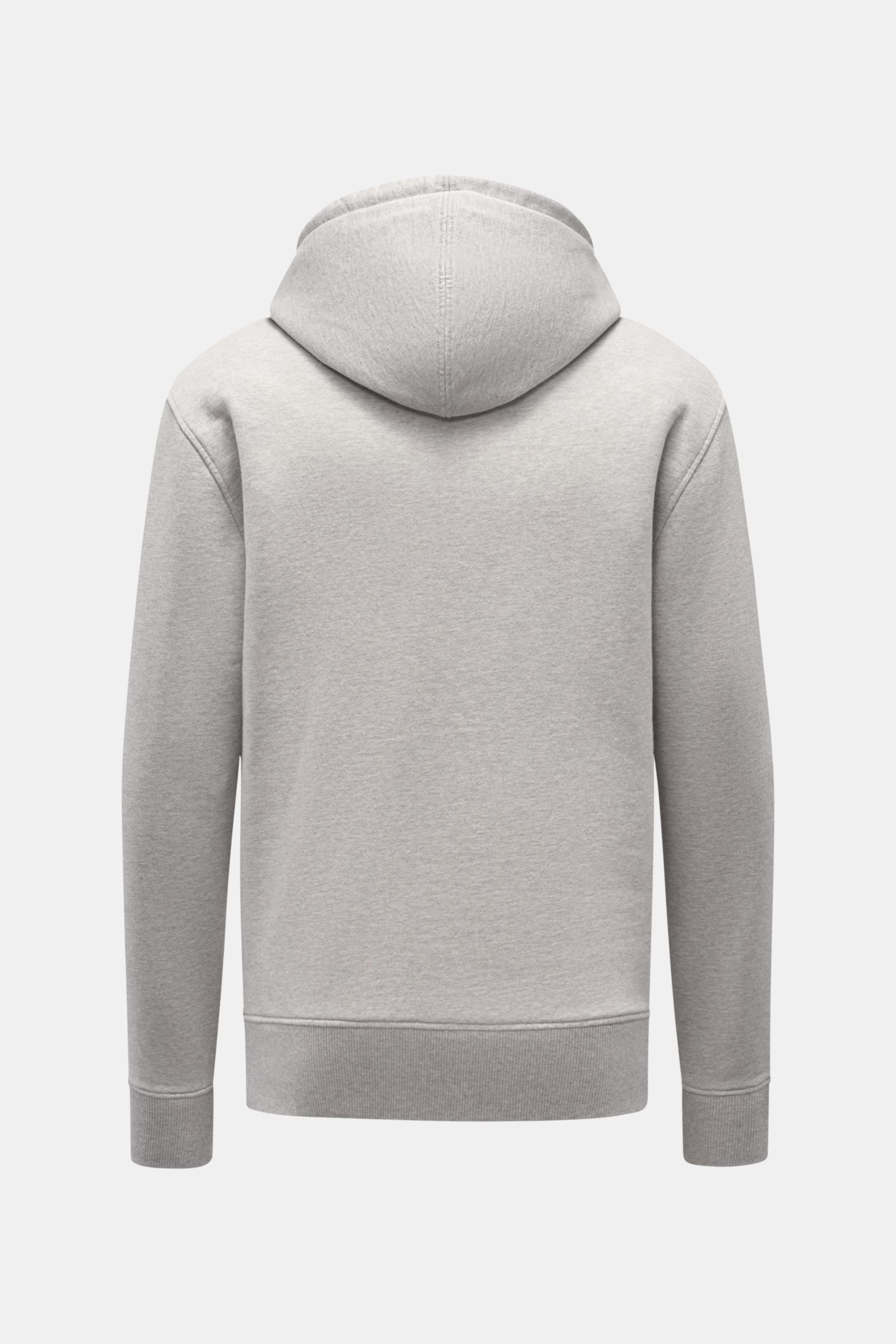Ami Paris Kapuzenpullover grau meliert, Rückansicht, Regular Fit, elastischer Baumwoll-Sweat, Kapuze mit Tunnelzug, Kängurutasche, Herz-Stitching, Rippbündchen, legere Freizeitoptik.