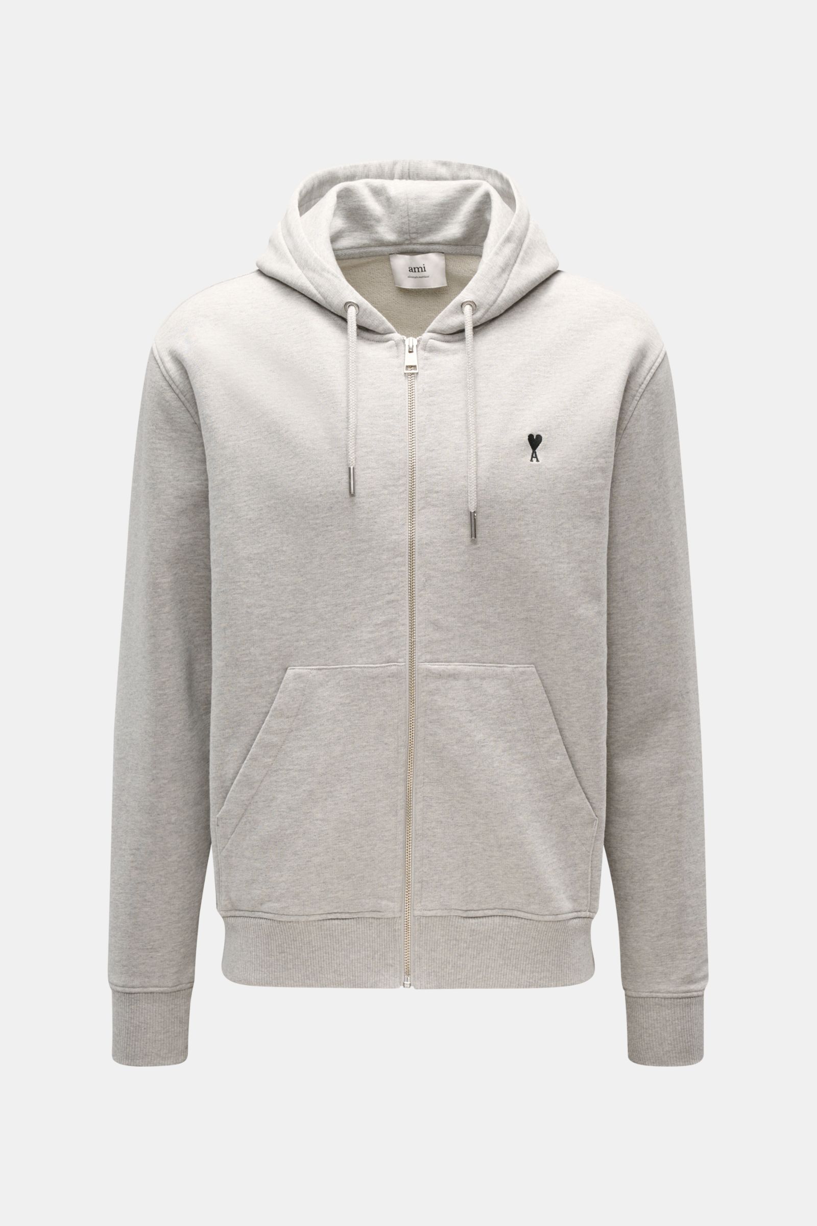Ami Paris Sweatjacke hellgrau meliert, Baumwoll-Sweat mit Kapuze, Herz-Stitching auf der Brust, Reißverschluss, Kängurutasche, Rippbündchen, Frontansicht.