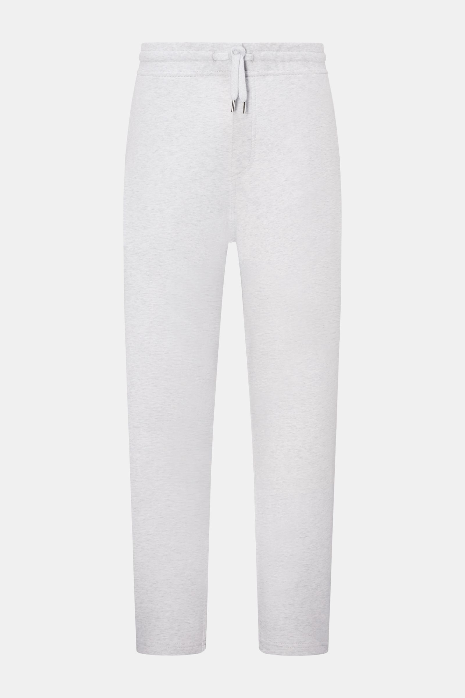 Front view of a light grey marl Brunello Cucinelli Sweathose made from soft cotton and microfiber, featuring a tapered fit, regular thigh width, ankle length, elastic waistband with drawstring, slanted welt pockets, and piped patch back pockets. Mit di