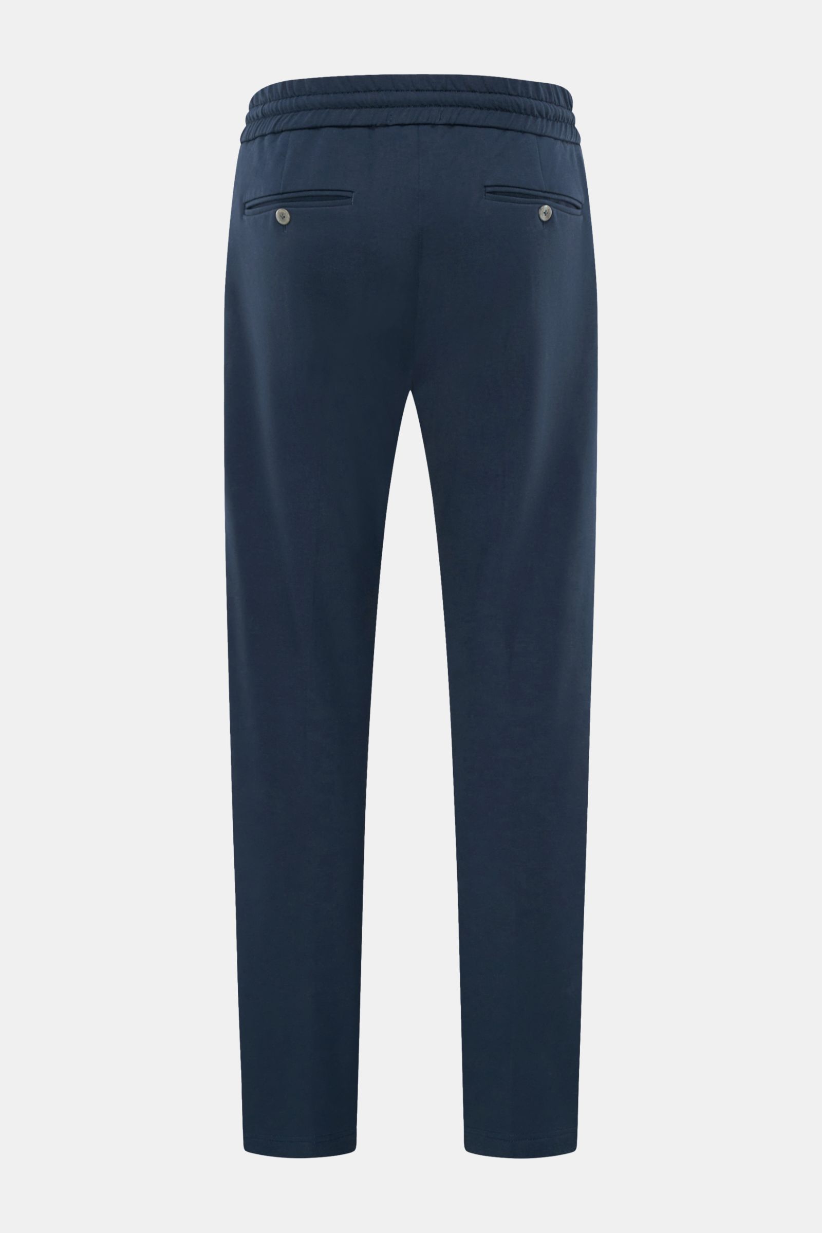 Stefan Brandt Sweathose 'Jonas' dunkelblau, Rückansicht, Slim Fit, kurzer Schnitt, elastischer Bund mit Tunnelzug, Gesäßtaschen mit Knopf, Pima Baumwolle.