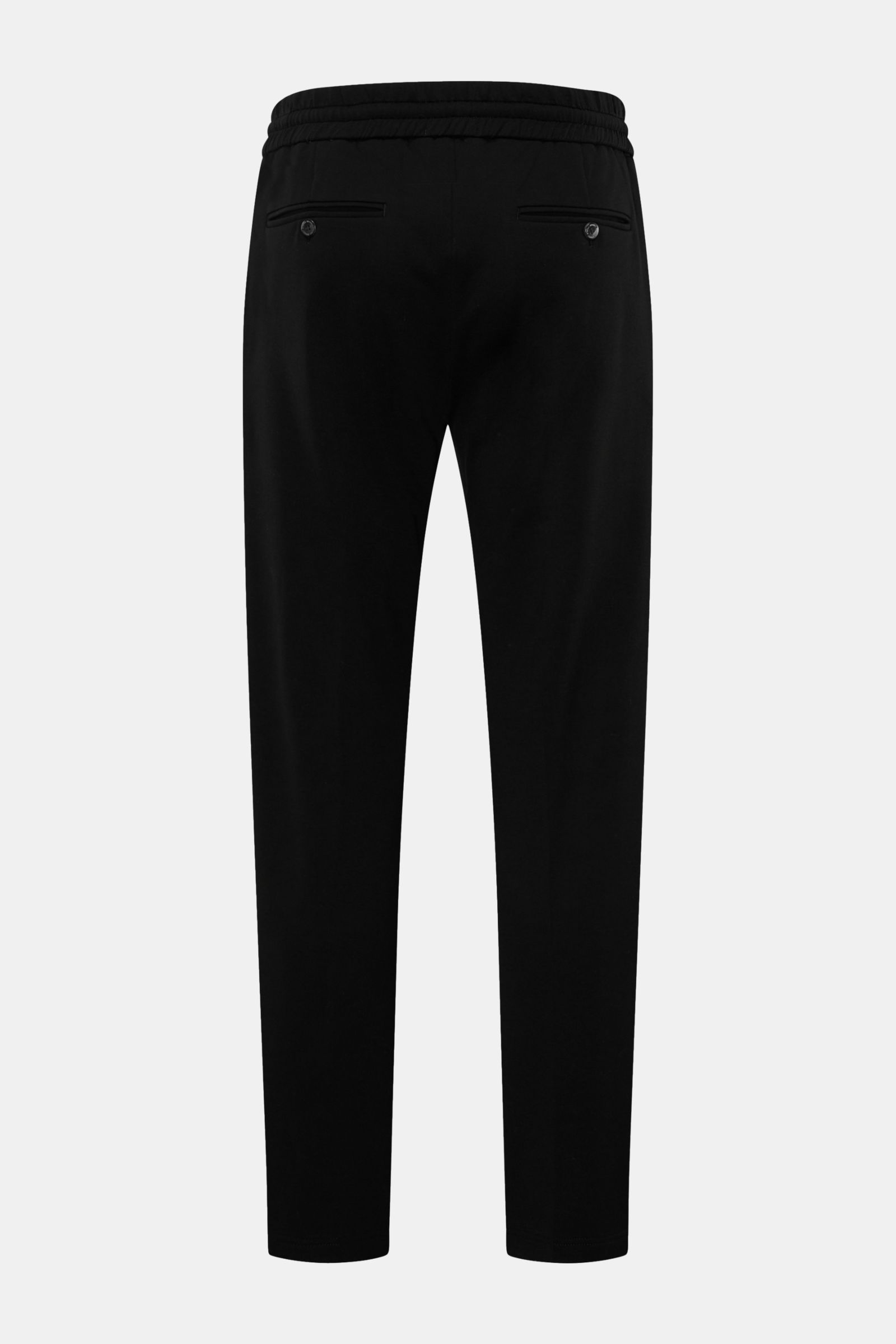 Schwarze Stefan Brandt Sweathose 'Jonas' Rückansicht, Slim Fit, kurzer Schnitt, Pima Baumwolle, elastischer Bund, Taschen, Zipper, Biesen.