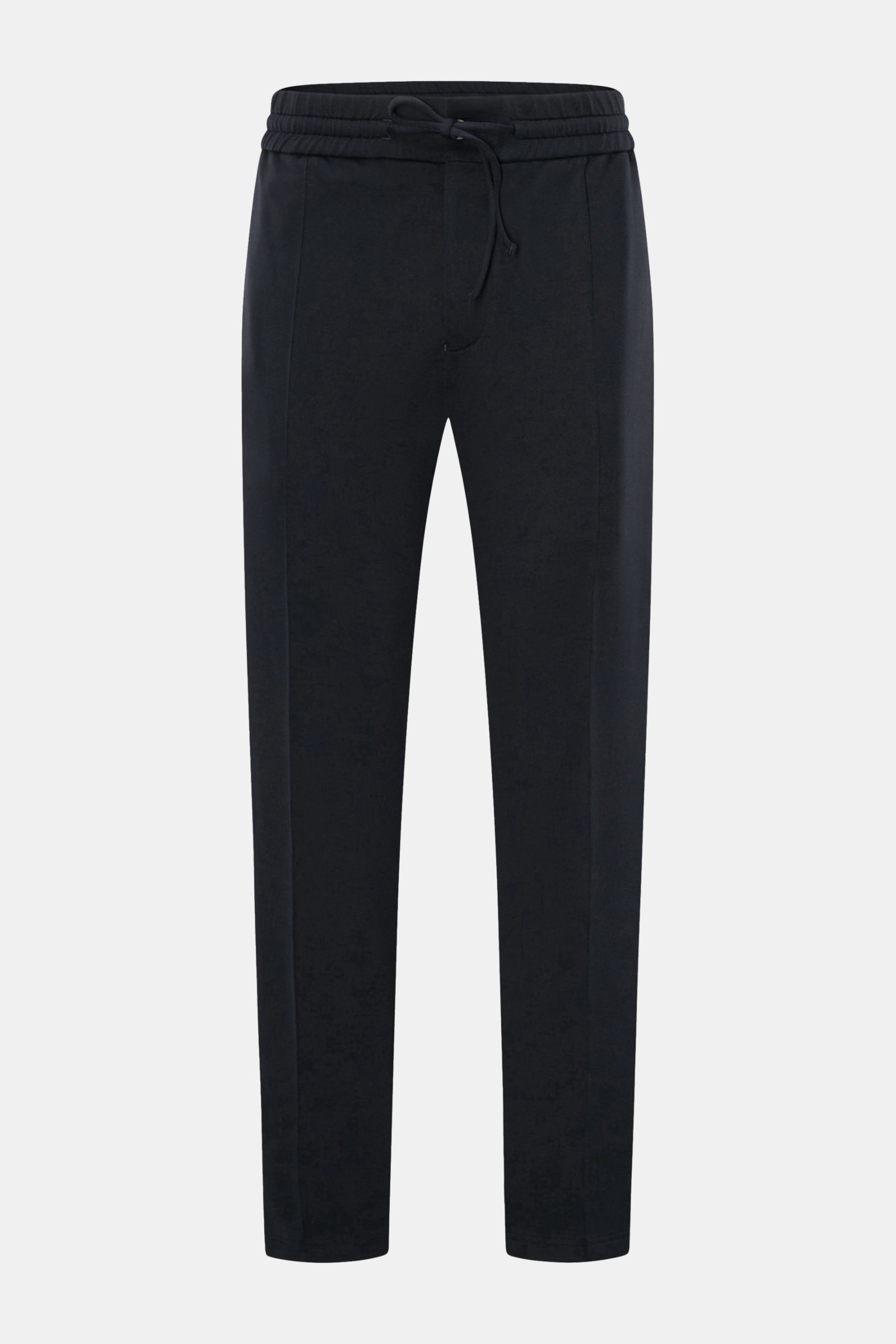 Front view of Stefan Brandt Sweat pants 'Jonas' dark navy made from sweat fabric of fine Pima cotton, comfortable stretch, very soft feel, lightweight fabric, slim fit, short and slightly tapered cut, zip and waist button, elasticated waistband with draws