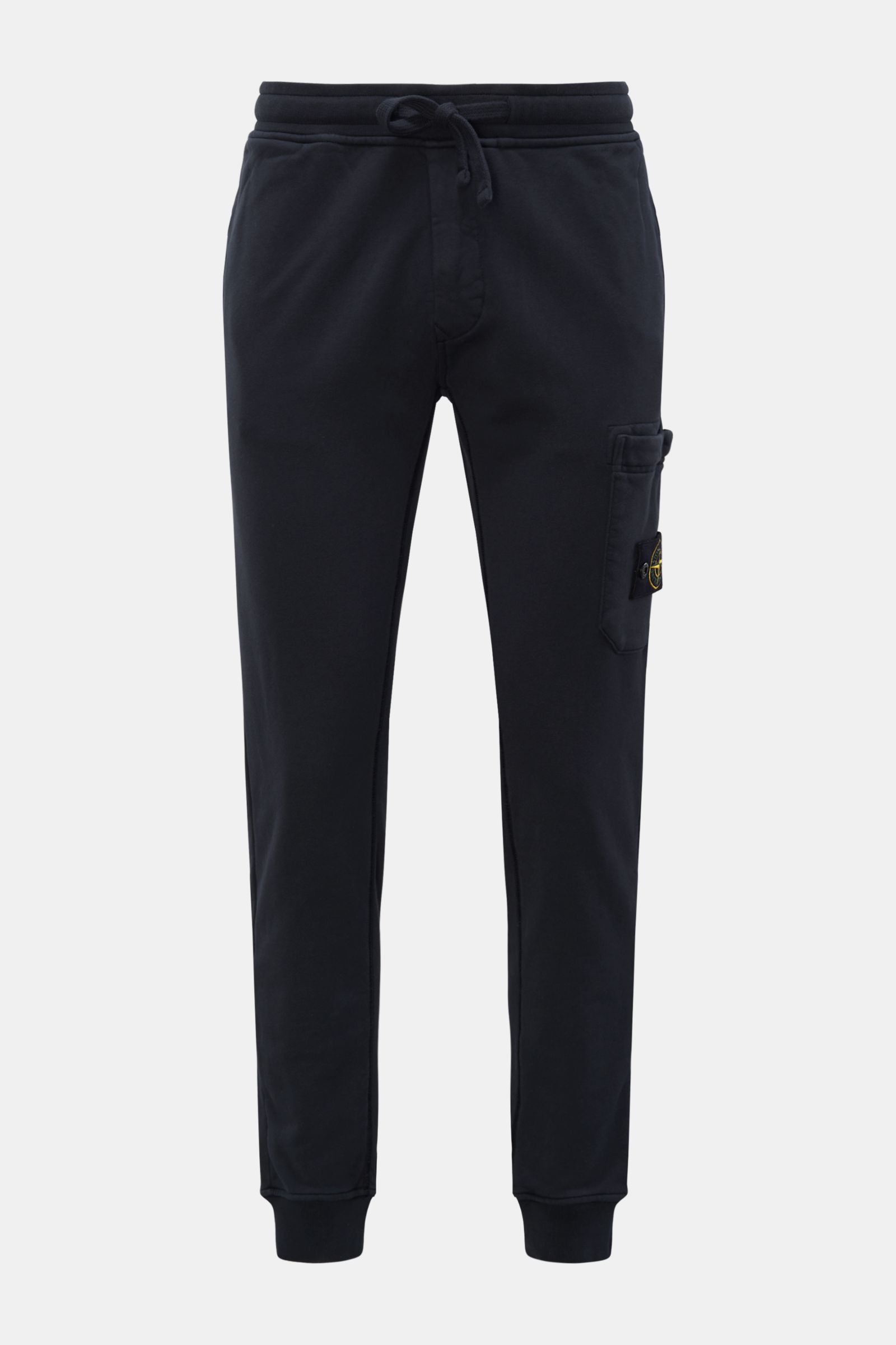 Stone Island Cargo-Sweathose 'Felpa' navy, frontale Ansicht, elastischer Bund, Cargo-Tasche mit Reißverschluss, Kompass-Badge, reine Baumwolle, schmal geschnitten, Rippbündchen.