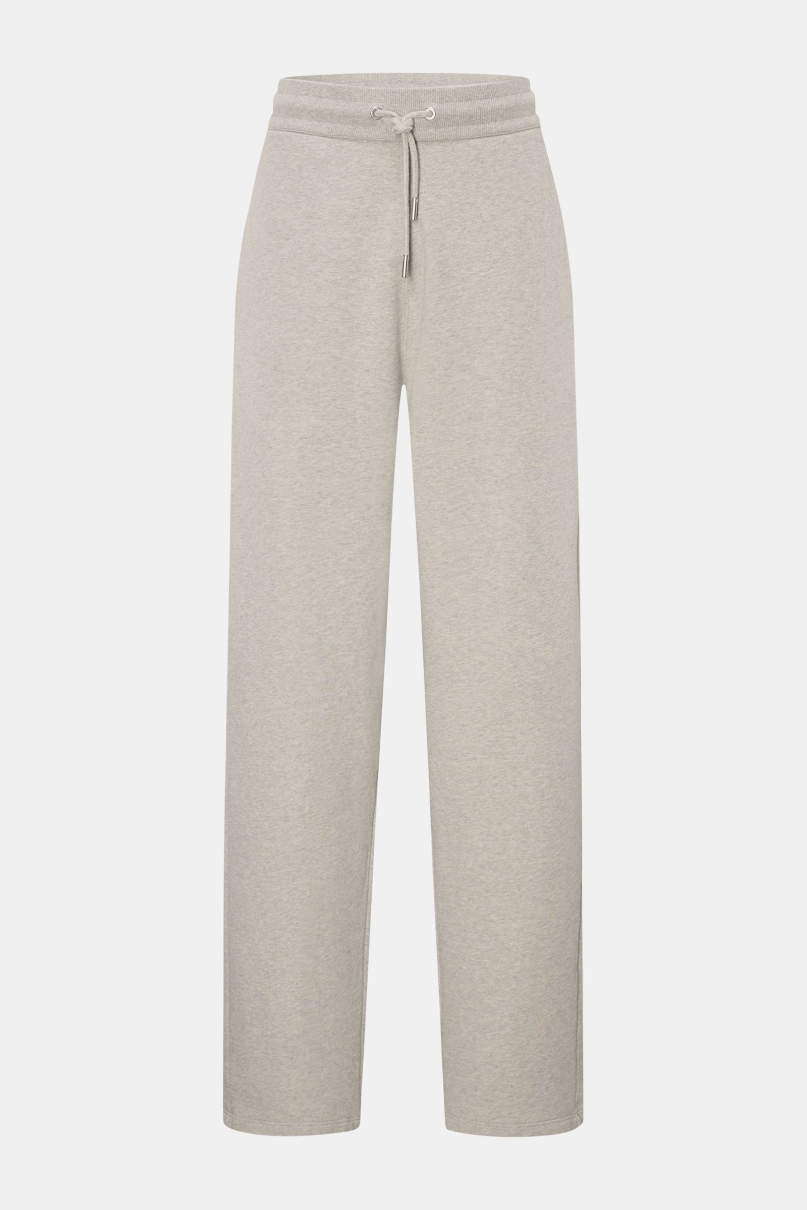 Ami Paris Sweathose 'Quota' grau meliert shown from the front, featuring elastic cotton sweat fabric, soft touch, regular fit, straight cut, elastic waistband with drawstring, side seam pockets, and a back patch pocket with logo stitching. Komfort trifft 