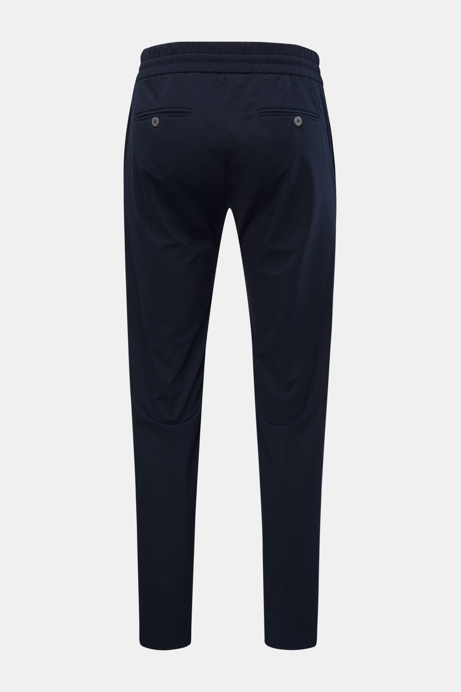 Rear view of Stefan Brandt Jersey-Jogpants 'Jonas' navy in slim fit with high elastic waistband, side seam pockets, and buttoned back pockets.

Description: Flexibler, geschmeidiger Jersey aus Baumwolle lässt diese cleane Jogpants 'Jonas' von STEFAN BR