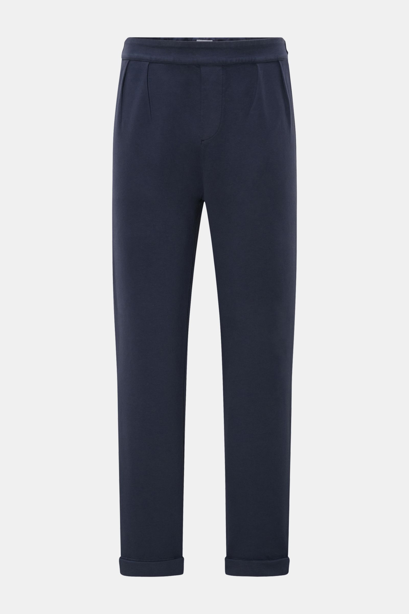 Front view of 04651/ A trip in a bag Cotton trousers navy, soft cotton jersey with double pleats, side adjusters, tapered fit, ankle length, and classic details for everyday comfort.