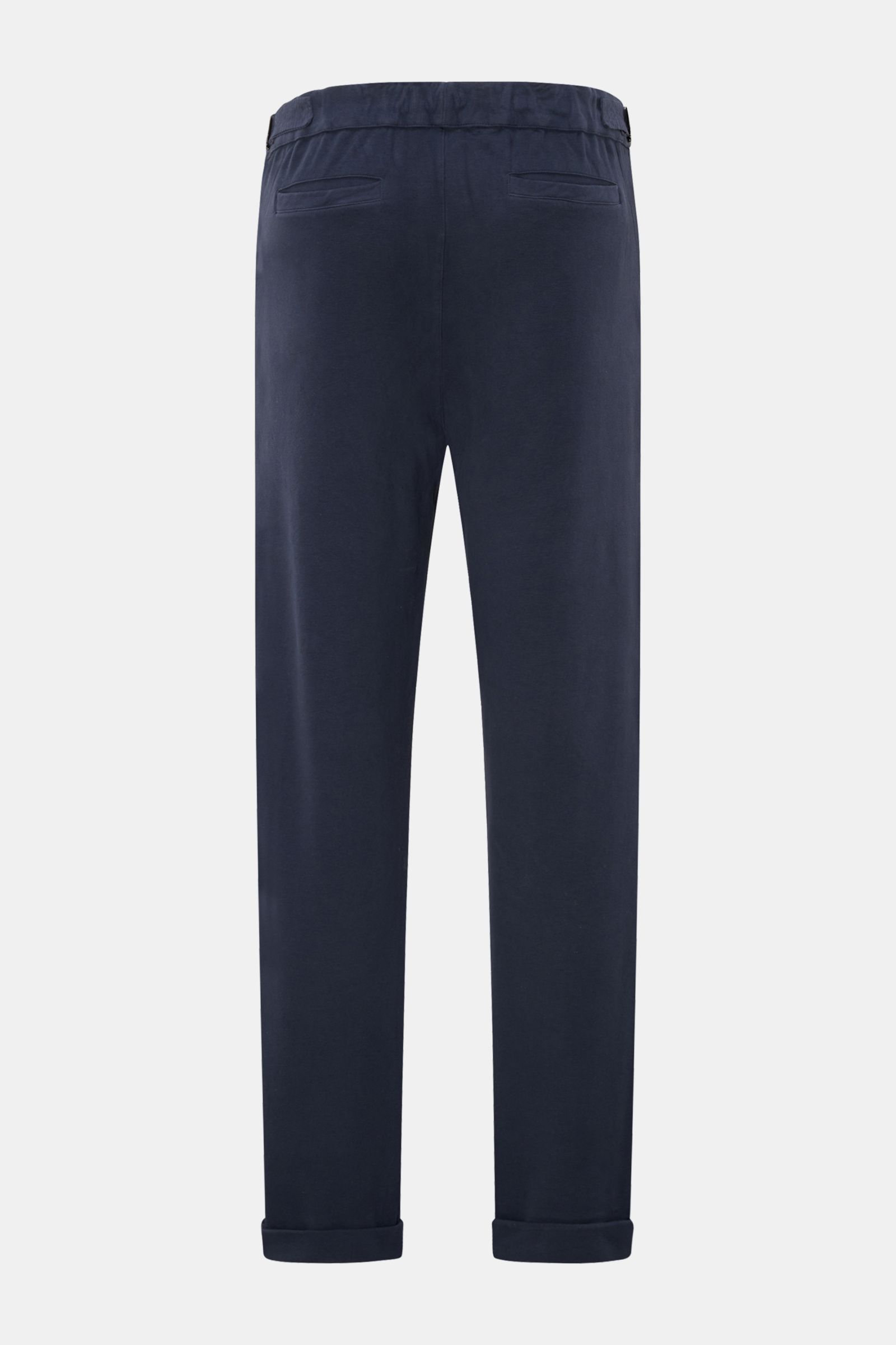 Rear view of 04651/ A trip in a bag Cotton trousers navy, ankle-length tapered fit with double pleats, side adjusters, and a partially elasticated waistband for comfort.  

Enjoy maximum comfort in your everyday life: These comfortable trousers from 04