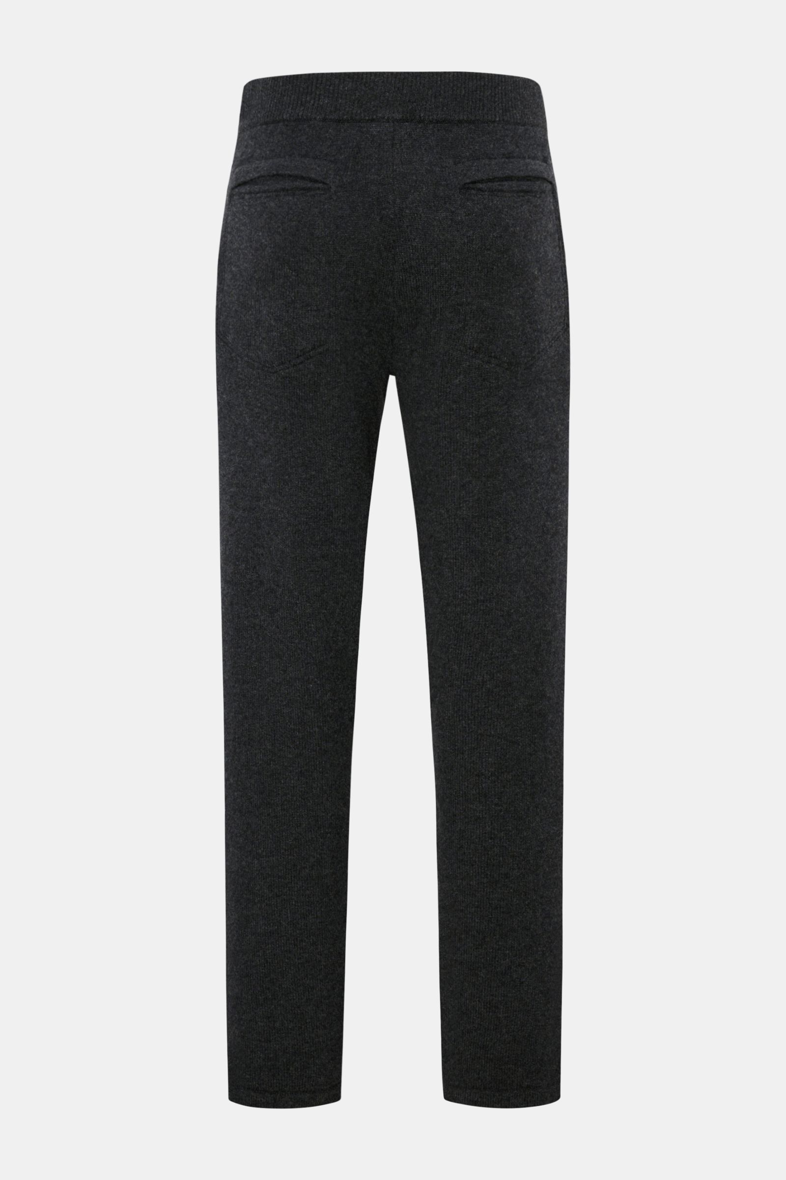 von Braun Cashmere Jogpants dunkelgrau meliert, Rückansicht, gerader Schnitt, elastischer Bund, angedeuteter Eingriff, schräge Hüft- und Leistentaschen, reiner mongolischer Cashmere, softer Griff, Tapered Fit.