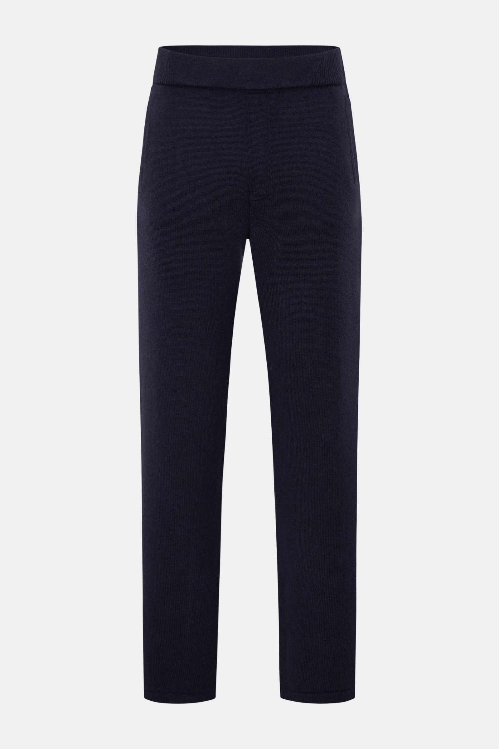 Frontansicht der von Braun Cashmere Jogpants navy aus weichem, mongolischem Cashmere mit geradem Schnitt, elastischem Bund und Taschen.