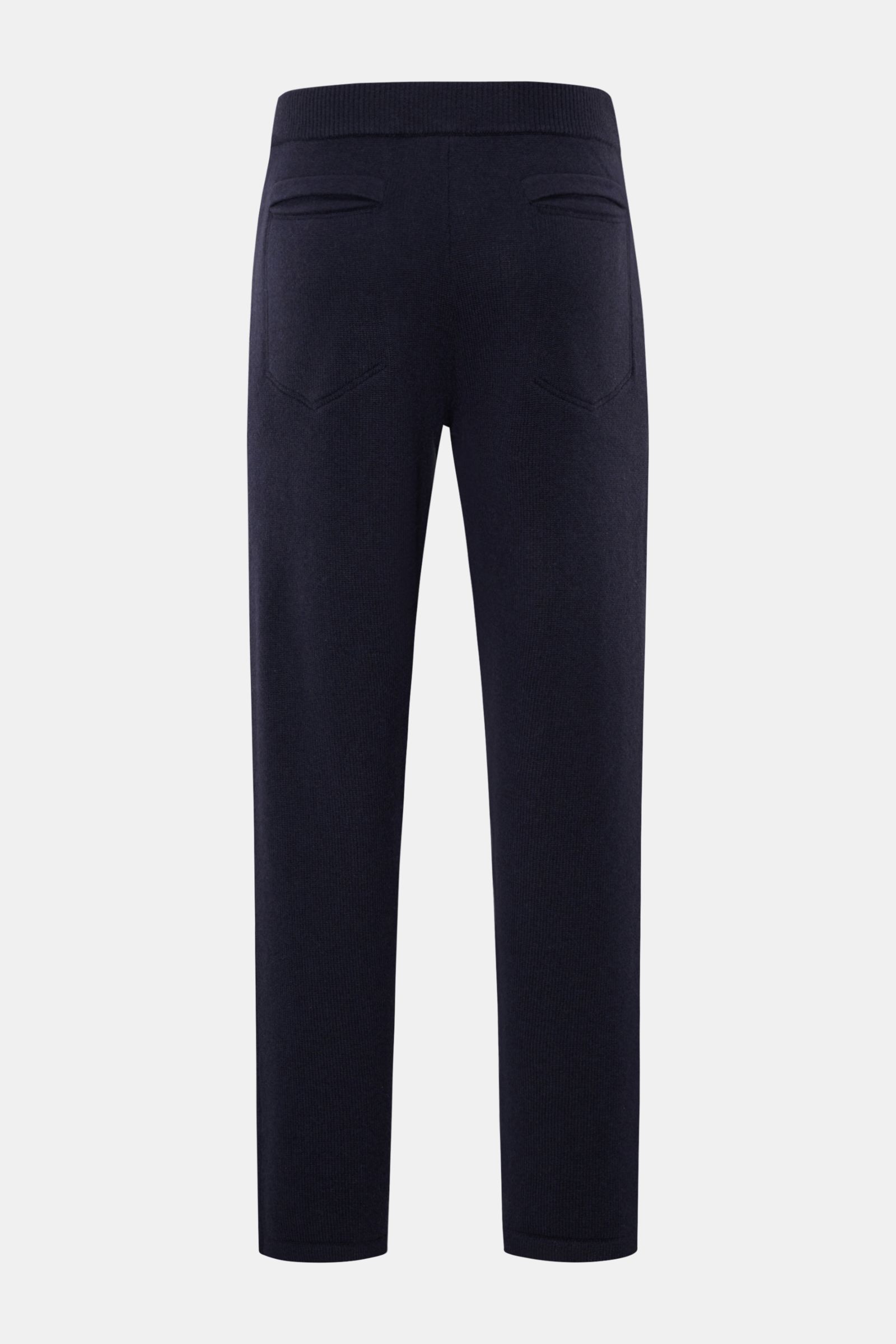 von Braun Cashmere Jogpants navy, Rückansicht, gerader Schnitt, weiche, wärmende Jogpants aus reinem mongolischem Cashmere mit elastischem Bund, angedeutetem Eingriff, schrägen Hüfttaschen und Leistentaschen am Gesäß, sportiver Komfort im Tapered Fit.