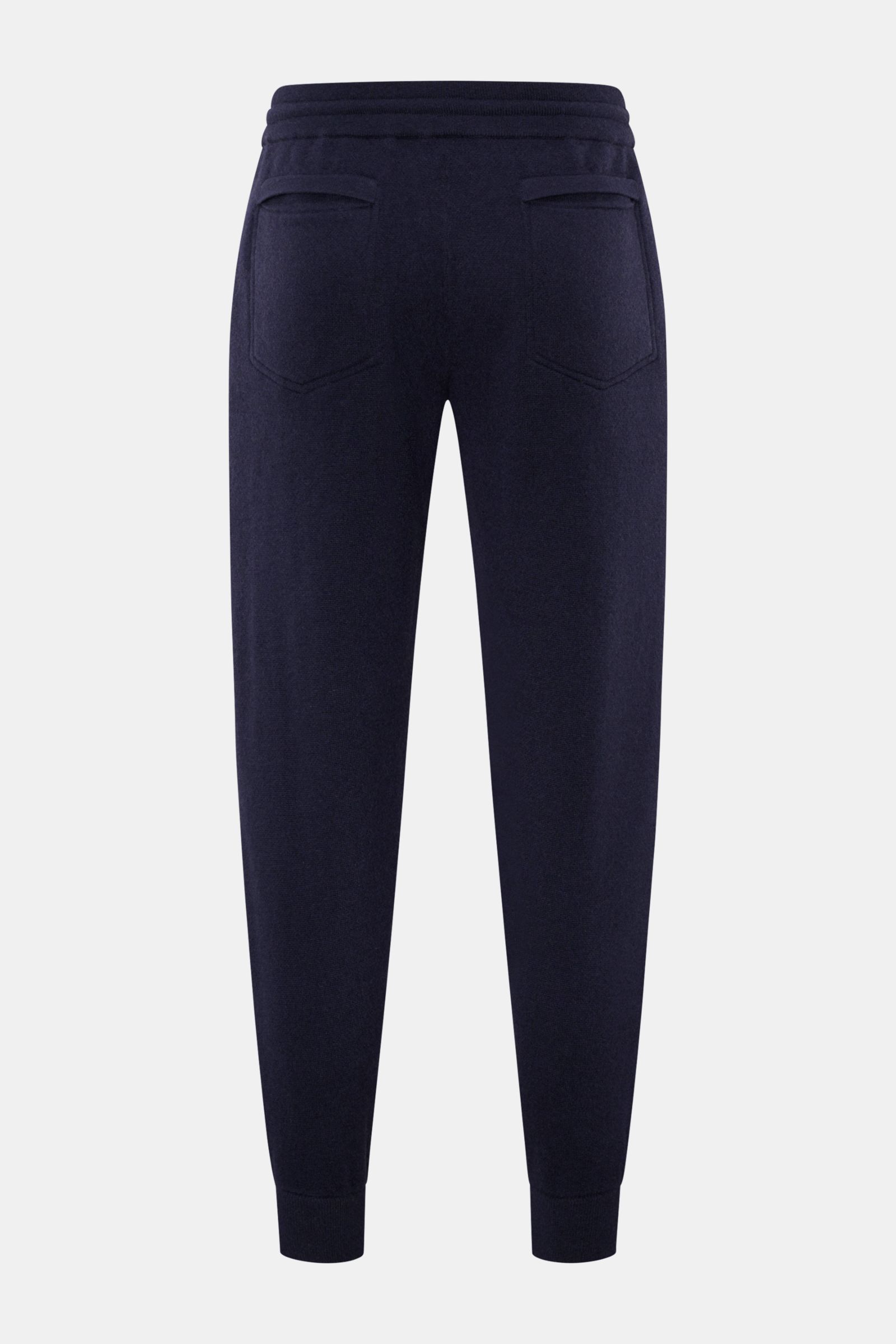 von Braun Cashmere Jogpants navy Rückansicht, weiche, wärmende Cashmere Jogpants mit hohem Bund, elastischem Tunnelzug, schmal zulaufend, Leistentaschen am Gesäß.