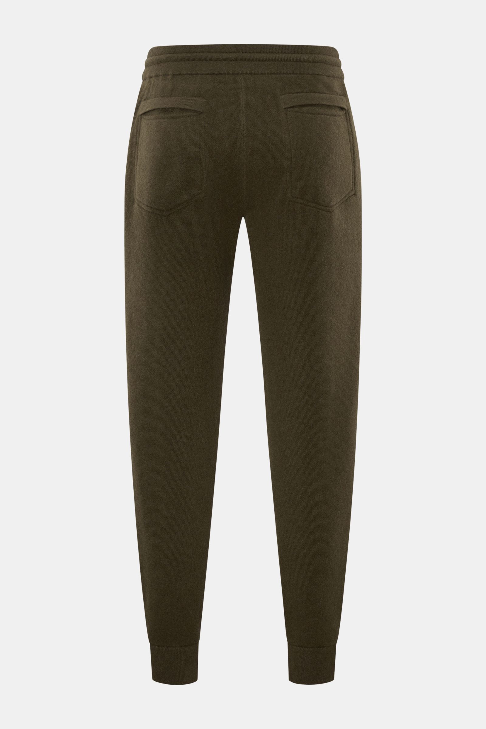 von Braun Cashmere Jogpants dark olive, Rückansicht, weiche, wärmende Jogpants aus reinem mongolischem Cashmere, tapered Fit, hoher Bund, elastischer Tunnelzug, schräge Hüfttaschen, Leistentaschen am Gesäß.