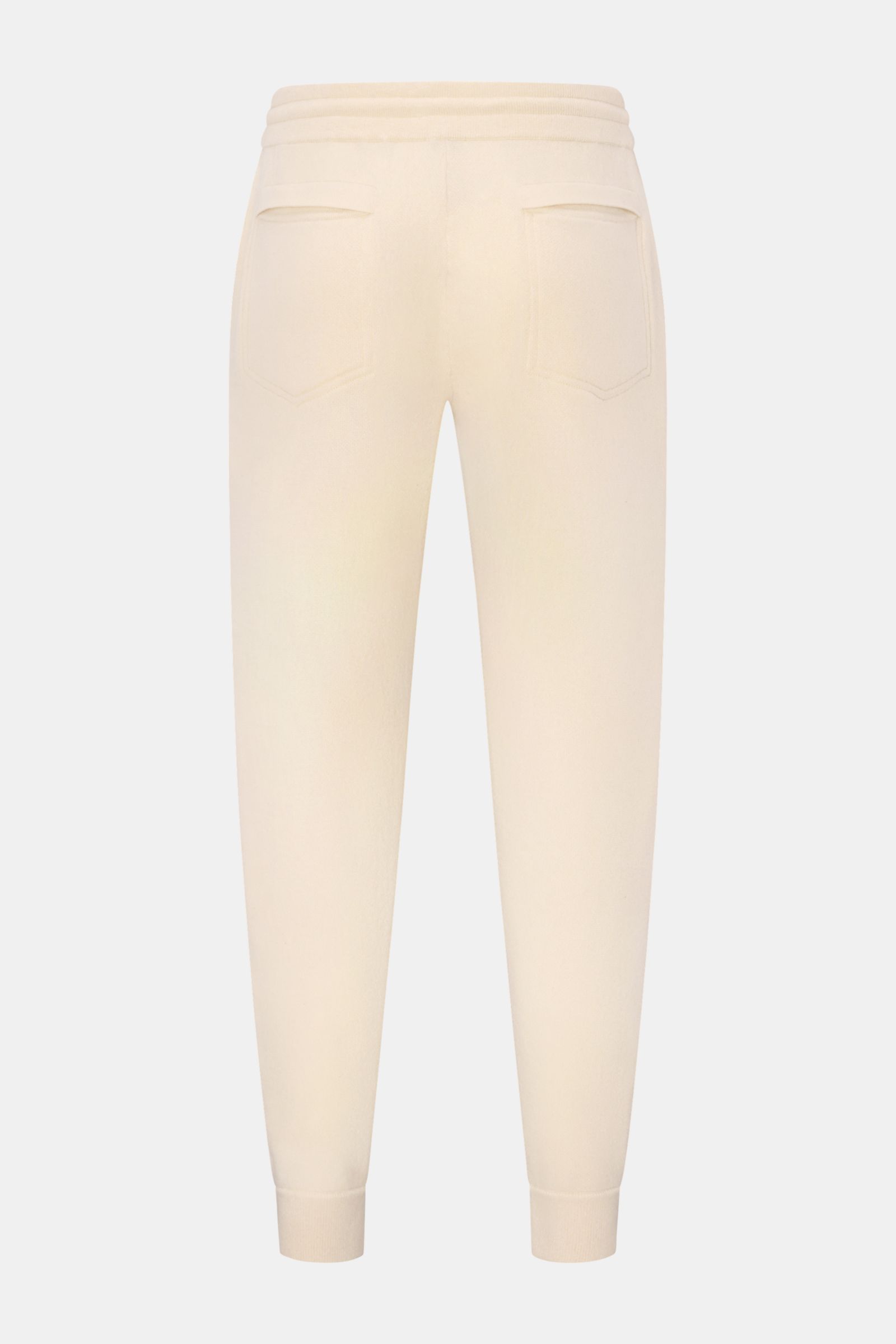 von Braun Cashmere Jogpants creme, Rückansicht, weiche, wärmende Jogpants aus reinem Mongolei-Cashmere, Tapered Fit, hoher Bund, elastischer Tunnelzug, schräge Hüft- und Leistentaschen.