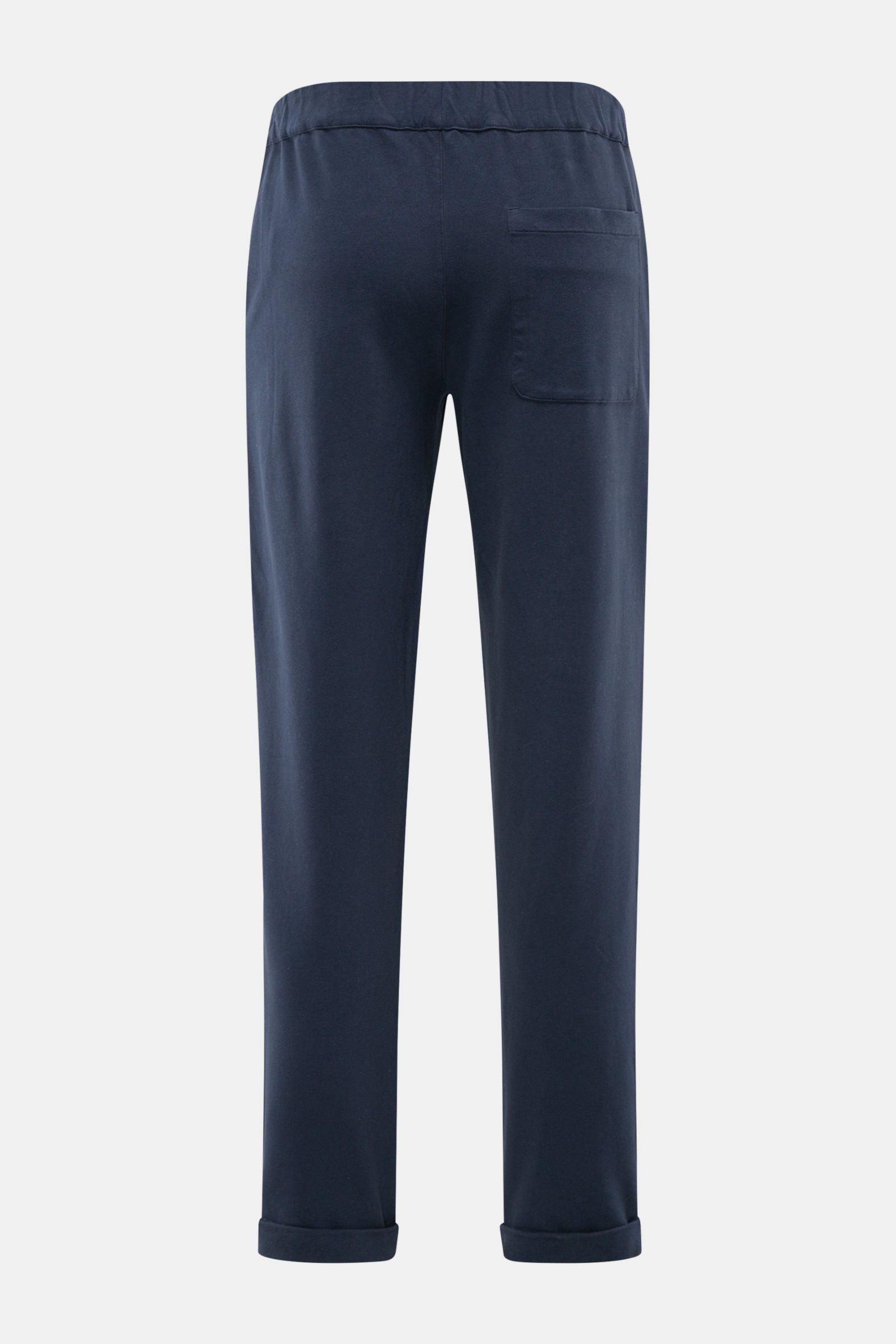 Rear view of 04651/ A trip in a bag Jogger pants 'If' navy in soft cotton jersey, tapered fit with elastic waistband, faux fly, and patch back pocket. Comfort meets style: These jogger pants in soft cotton jersey by 04651/ A TRIP IN A BAG enhance relaxed 