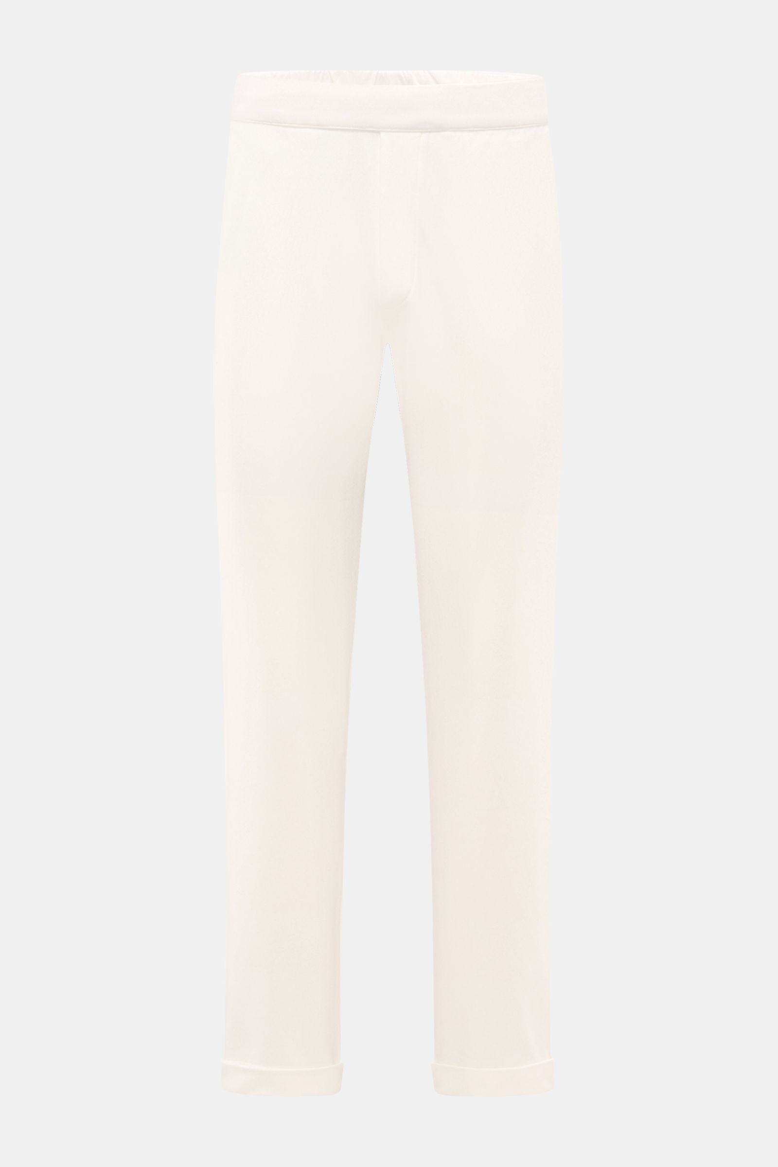 Front view of 04651/ A trip in a bag Jogger pants 'If' off-white in soft cotton jersey with tapered fit, elasticated waistband, French and patch pockets.

Comfort meets style: These jogger pants in soft cotton jersey by 04651/ A TRIP IN A BAG enhance r
