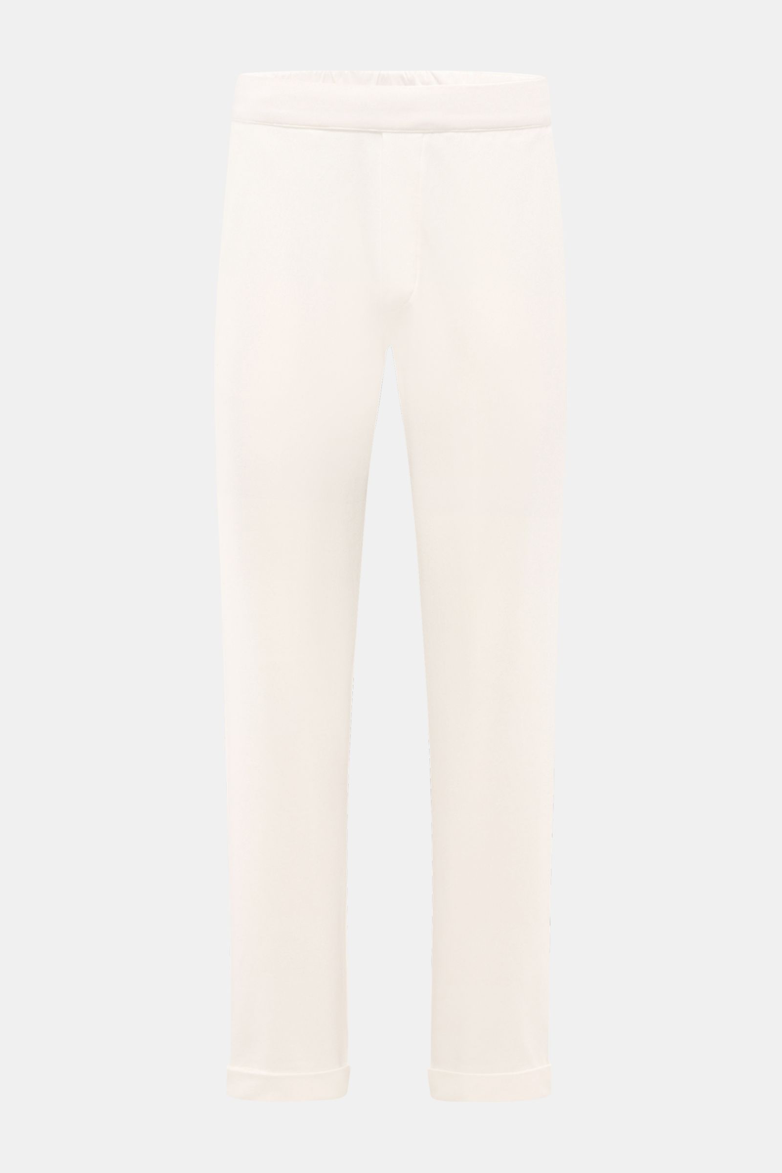 Front view of 04651/ A trip in a bag Jogger pants 'If' off-white in soft cotton jersey with tapered fit, elasticated waistband, and cuffed ankles. Comfort meets style: These jogger pants in soft cotton jersey by 04651/ A TRIP IN A BAG enhance relaxed look