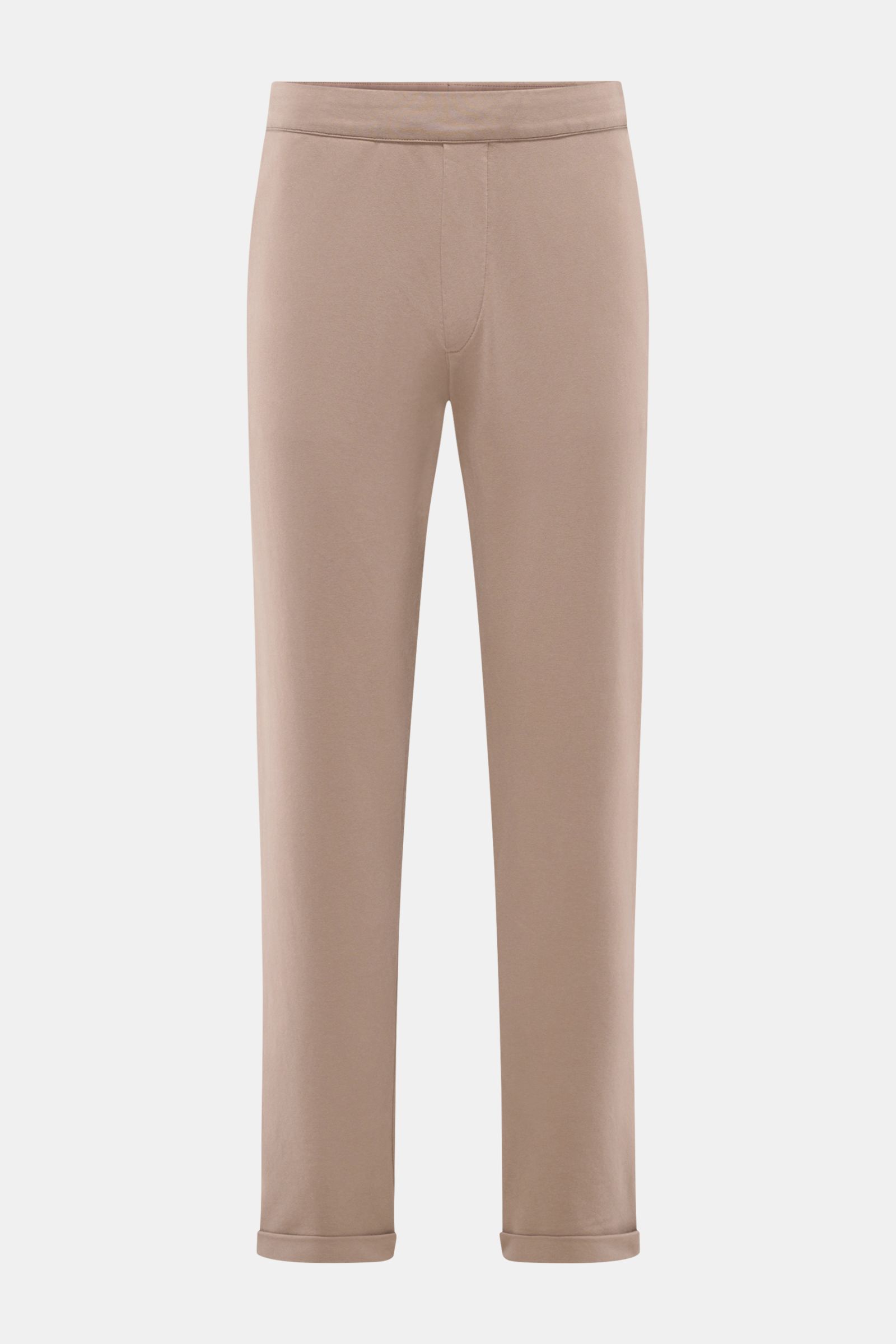 Front view of 04651/ A trip in a bag Jogger pants 'If' taupe in soft cotton jersey with tapered fit, elasticated waistband, drawstring, and fixed hem turn-up.

Description:
Comfort meets style: These jogger pants in soft cotton jersey by 04651/ A TRIP 