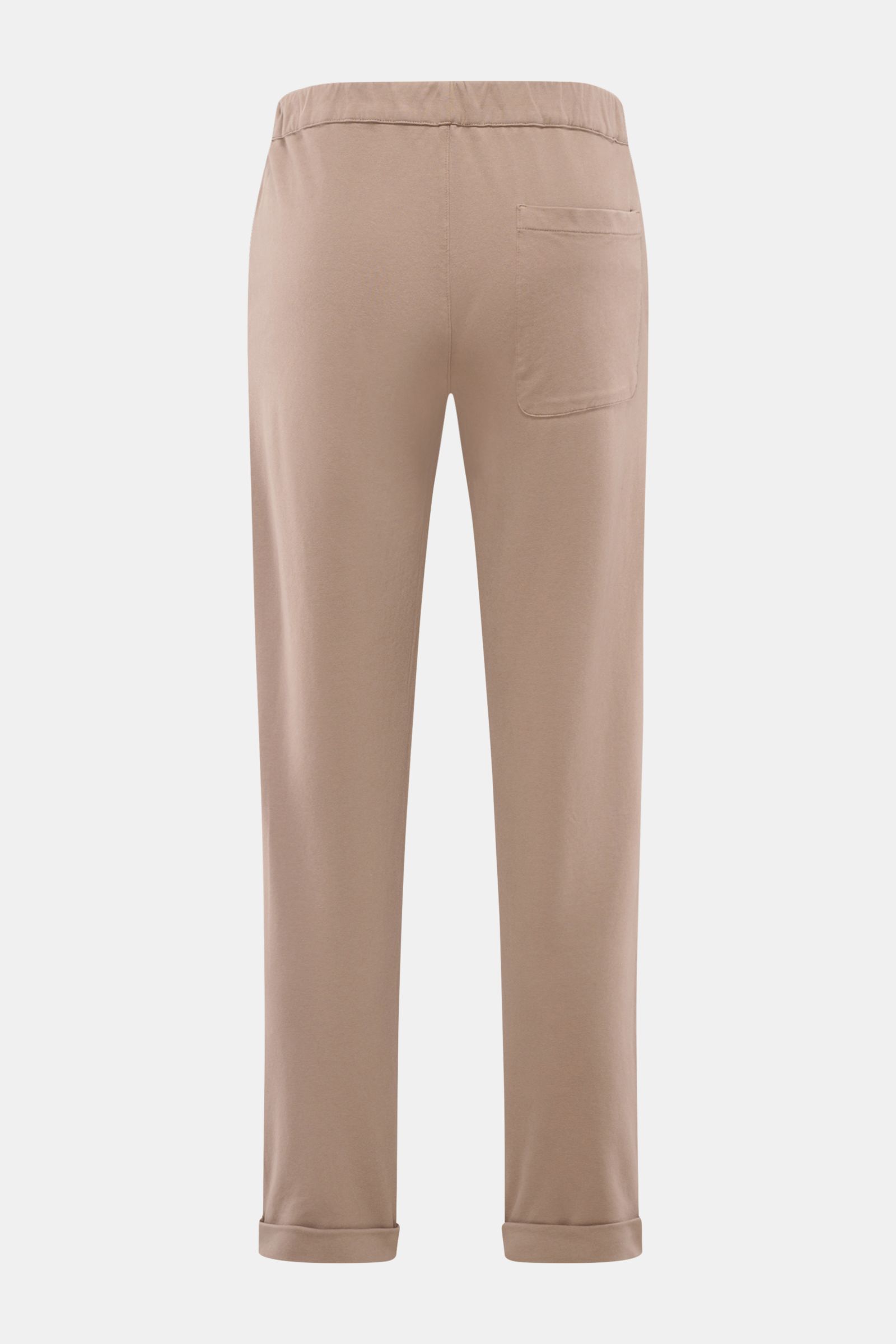Rear view of 04651/ A trip in a bag Jogger pants 'If' taupe in soft cotton jersey, featuring tapered fit, elastic waistband, French pockets, and fixed hem turn-up. Comfort meets style: These jogger pants in soft cotton jersey by 04651/ A TRIP IN A BAG enh