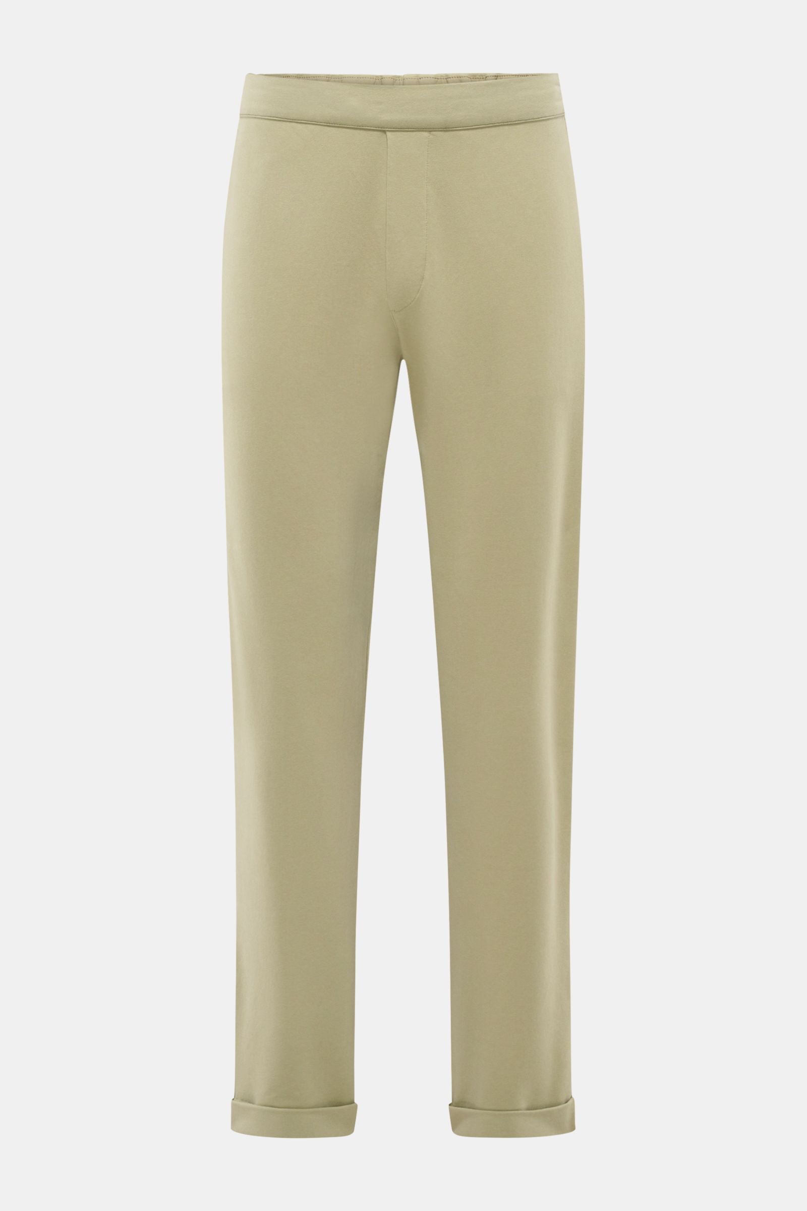 Front view of 04651/ A trip in a bag Jogger pants 'If' sage in soft cotton jersey with tapered fit, elastic waistband, French pockets, and fixed hem turn-up.

Comfort meets style: These jogger pants in soft cotton jersey by 04651/ A TRIP IN A BAG enhan