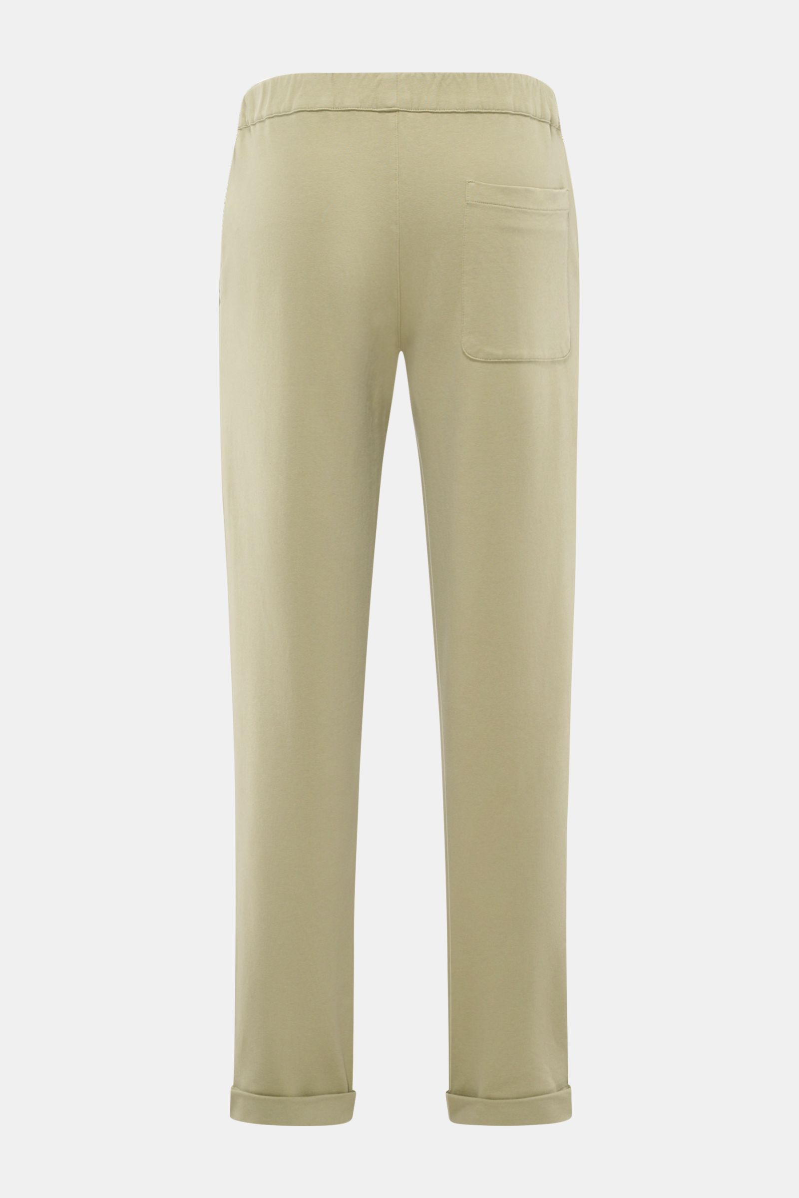 Back view of 04651/ A trip in a bag Jogger pants 'If' sage, soft cotton jersey, tapered fit, ankle length with patch back pocket and fixed hem turn-up.

Description:
Comfort meets style: These jogger pants in soft cotton jersey by 04651/ A TRIP IN A BA