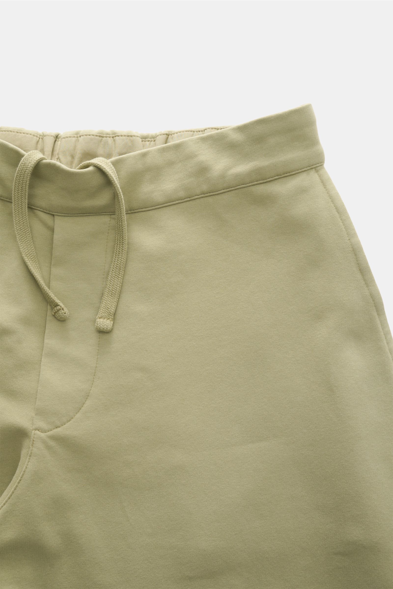 Close-up front view of 04651/ A trip in a bag Jogger pants 'If' sage in soft cotton jersey with drawstring waistband and faux fly.

Comfort meets style: These jogger pants in soft cotton jersey by 04651/ A TRIP IN A BAG enhance relaxed looks with a mod