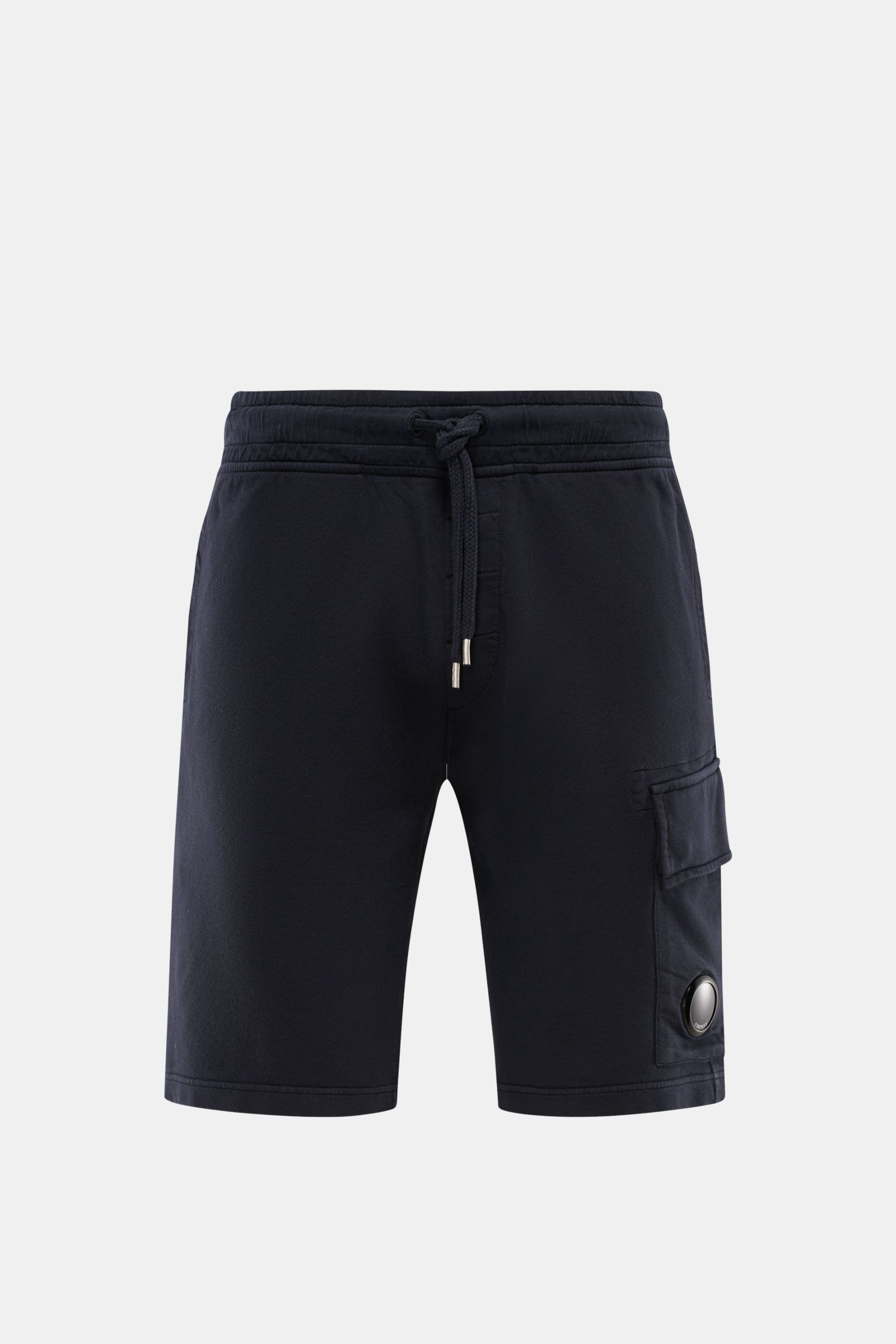 C.P. Company Cargo-Sweatshorts dark navy, frontale Ansicht, leichte Sweat-Shorts aus reiner Baumwolle mit elastischem Bund, Tunnelzug, Slim Fit, Cargo-Tasche mit Linsen-Detail.