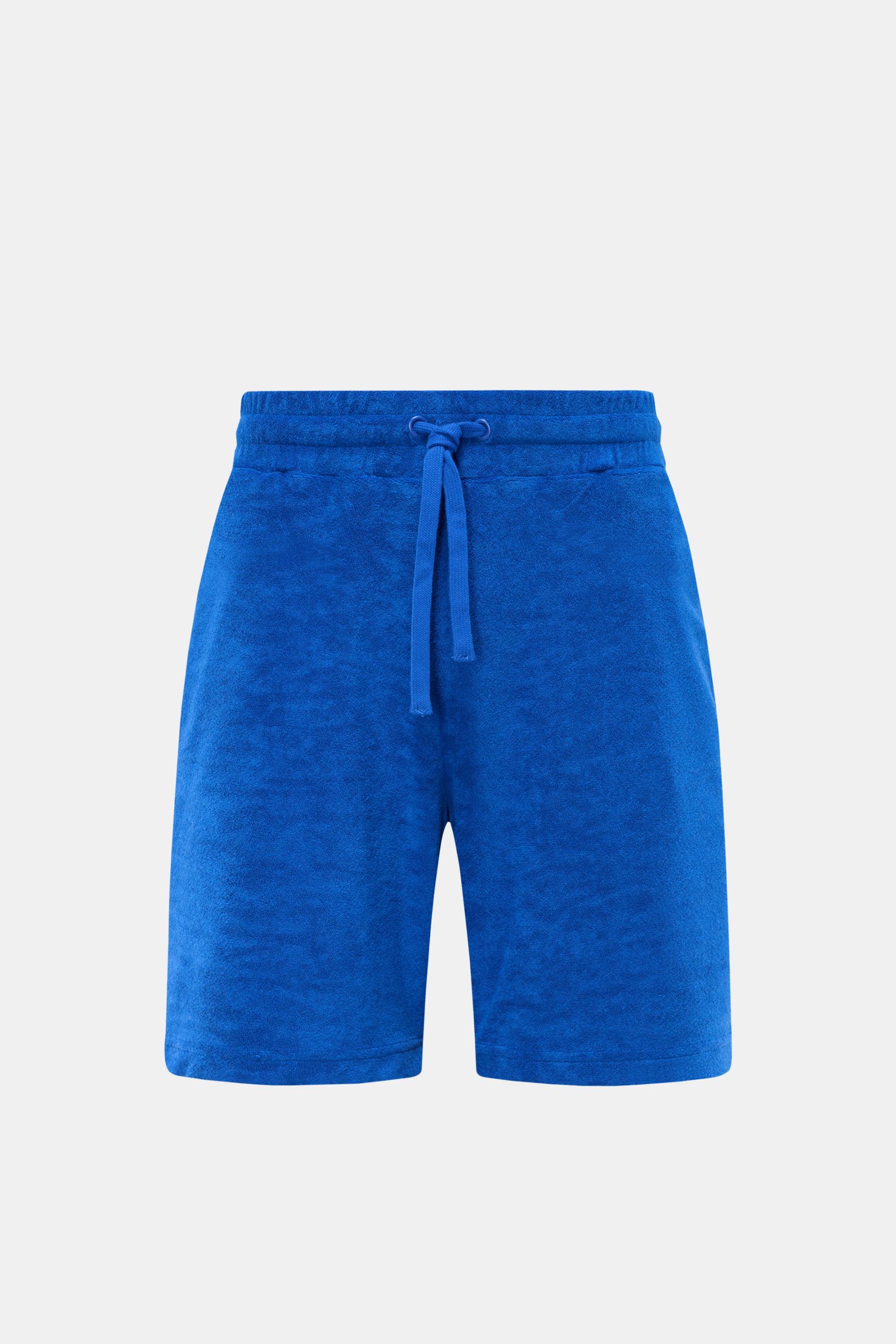 Zeybra Portofino 1962 Frottee-Shorts blau, frontale Nahaufnahme, weicher Frottee aus Baumwolle und Microfaser, Regular Fit, elastischer Bund mit Tunnelzug, französische Taschen, Urlaubsfeeling pur.