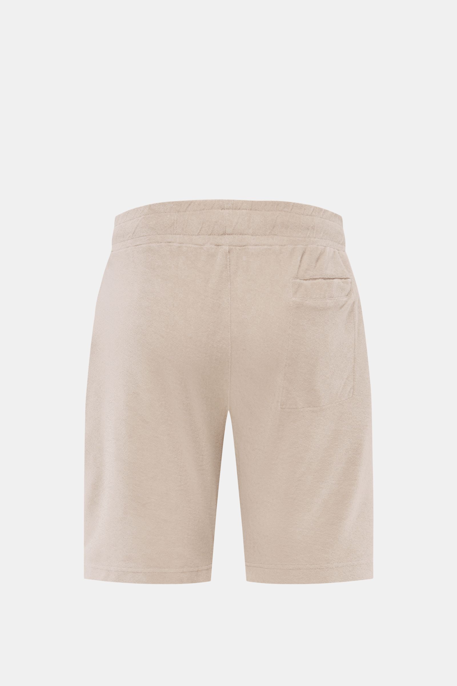 Rear view of 04651/ A trip in a bag Frottee-Shorts 'Terry' beige, soft cotton terry fabric, elastic waistband with drawstring, pocket details.