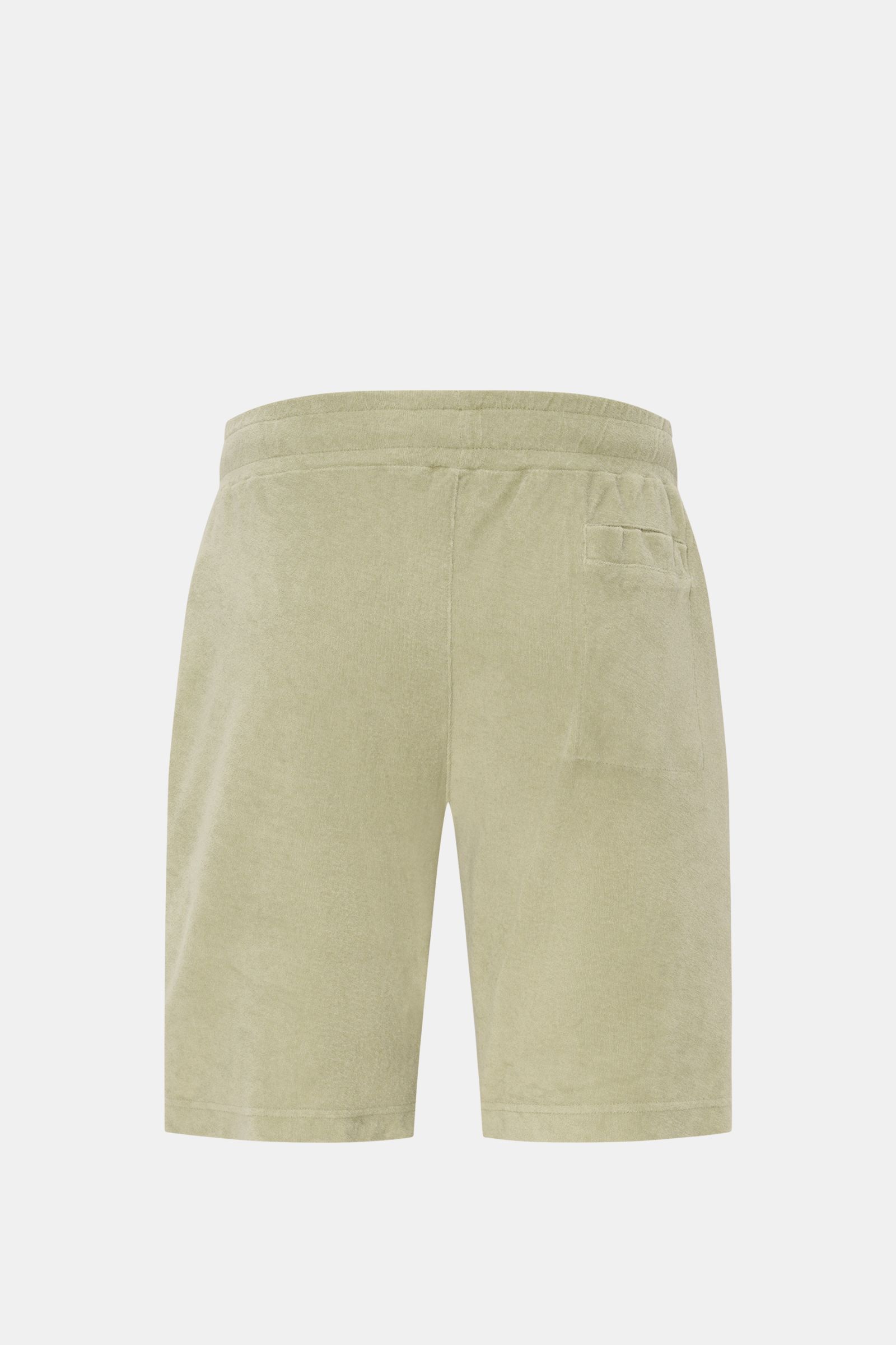 04651/ A trip in a bag Frottee-Shorts 'Terry' salbei, Rückansicht, weicher Baumwoll-Frottee, Regular Fit, elastischer Bund, Leistentasche, French Taschen.