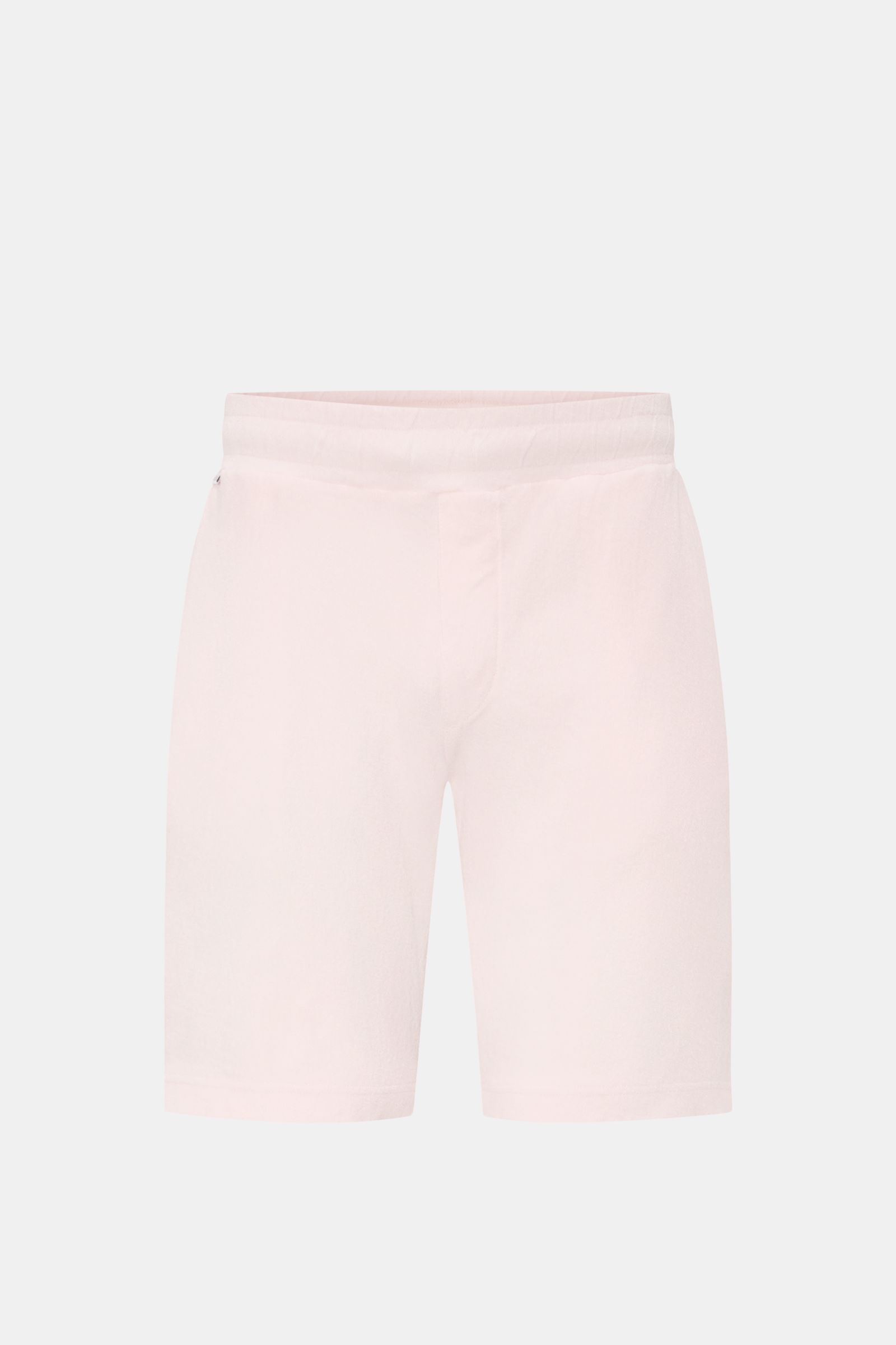 Frontale Nahaufnahme der 04651/ A trip in a bag Frottee-Shorts 'Terry' rosé aus weichem, reiner Baumwoll-Frottee, Regular Fit mit elastischem Bund, französischen Taschen und Leistentasche am Gesäß.