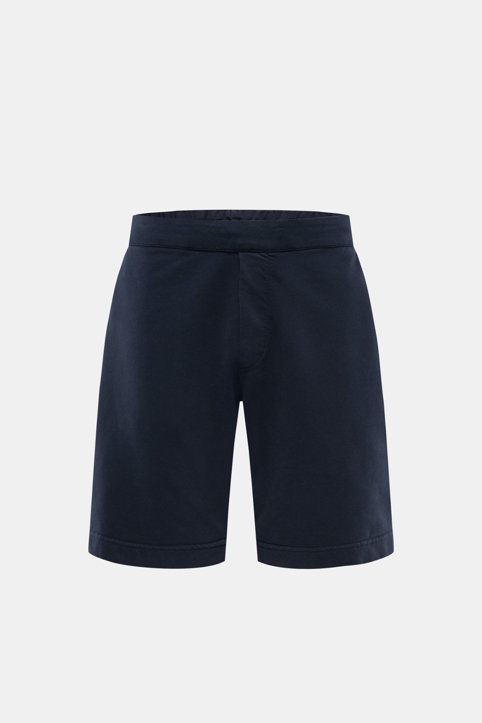 Frontansicht der navyfarbenen 04651/ A trip in a bag Sweat-Shorts aus elastischer Baumwolle mit softem Griff, Regular Fit und elastischem Bund.
