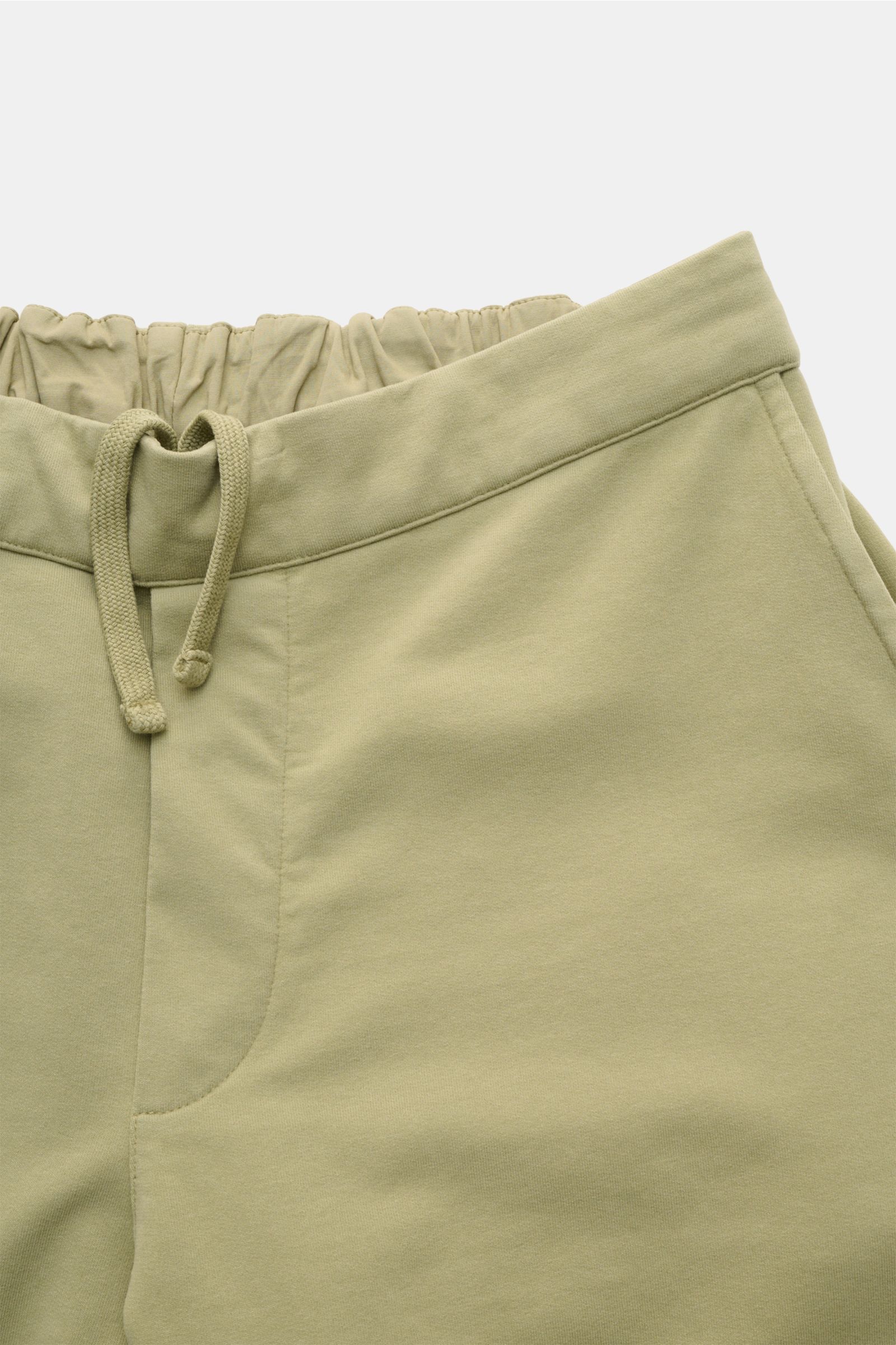 04651/ A trip in a bag Sweat-Shorts salbei aus Baumwoll-Sweat mit elastischem Bund, Tunnelzug, angedeutetem Eingriff, französischen Taschen, frontal nah.