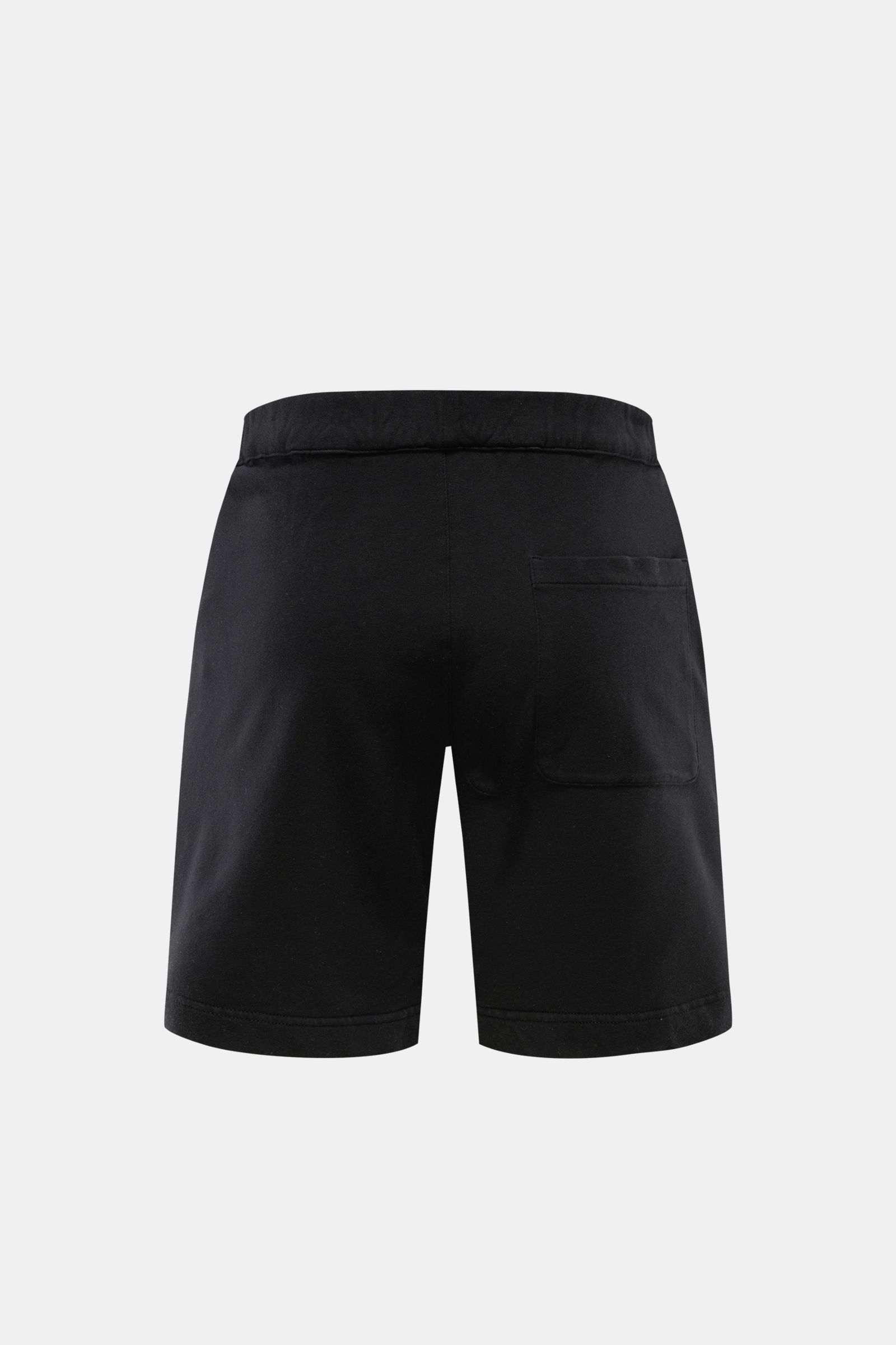 Rückansicht der 04651/ A trip in a bag Sweat-Shorts schwarz aus elastischer Baumwolle mit elastischem Bund, Gesäßtasche, softem Griff.