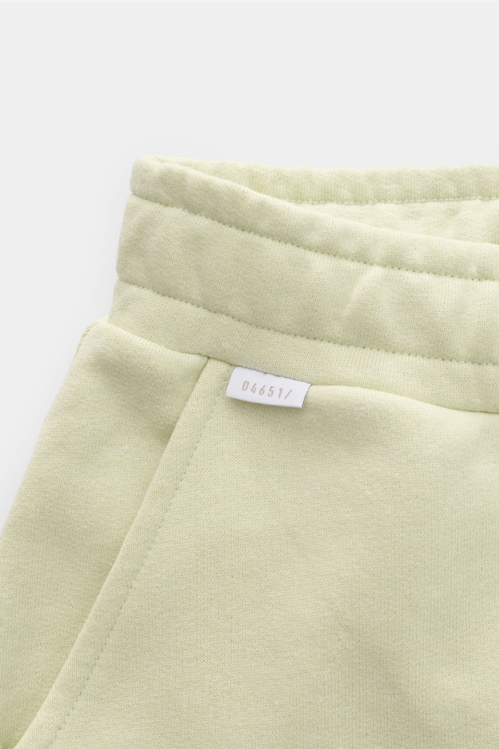 Nahaufnahme aus seitlicher Perspektive der pastellgrünen 04651/ A trip in a bag Sweat-Shorts 'CL' mit elastischem Bund, Tunnelzug, Eingriff, französischen Taschen und kleinem Weblabel.